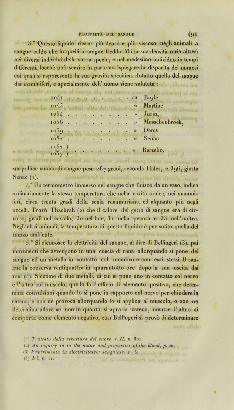 3.° Questo liquido liesce piii denso e piü viscoso negli animali a sangue caldo che in quelli a sangue freddo. Ma la sua densitä varia altresi nei diversi iudividui della stessa specie, e nel medesimo individuo in tempi different!, locche puö servire in parte ad ispiegare la disparita dei uumeri eoi quali si rappresentö la sua gravitä specifica. Iofatto quella del saDgue dei mammiferi, e specialmente delP uomo viene valutata : 1041 . Boyle 1045 .... Martine io54 .... Jurin, io5G .... Musschenbroek, io59 . ,. . . Denis 10S2 .... Senac 1 o5 2 ) Berzelio. ,o57 ) im pollice cubico di sangue pesa 267 grani, secondo Haies, e 396, giusta Senac (1). 4-° Un termometro immerso nel sangue che fluisce da un vaso, indica ordinariamente la stessa temperatura che nella cavita orale • nei mammi- leri, circa trenta gradi della scala reaumuriana, ed alquanto piii negli uccelli. Trovö Thackrah (2) che il calore dei getto di sangue era di cir- ca 29 gradi nel cavallo, 3o nel bue, 3i nella pecora e 33 nelPanitra. Negli altri animali, la temperatura di questo liquido e per solito quella del mezzo ambiente. 5.° Si riconosce la elettricitä del sangue, al dire di Bellingeri (3), pei movimenti che avvengono in una coscia di rana allorquando si pone del sangue ed un metallo in contatto col membro e con essi stessi. II san- gue la conserva ventiquatlro in quarantotto ore dopo la sua uscita dai vasi (4). Siccome di due metalli, di cui si pone uno in contatto col nervo e P altro col muscolo, quello fa P ufficio di elemenlo positivo, che deter- mina convulsioni quando lo si pone in rapporto col nervo per chiudere la catenn, e non ne provoca allorquando lo si applica al muscolo, o non ne determina allora se non in quanto si apra la cateua. mentre P altro si comporta coine clemento negativo, cosi Bellingeri si provö di determinare (1) Trat,tato della struttura del cuore, t. II\ p. 3oi. (2) An inquiry in lo t/ie natur and properties cif lhe blood, p.'io. (3) Experimenla in elcctricilatem sanguinis, p. 3.