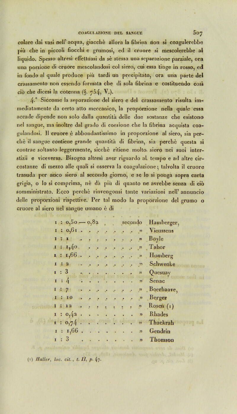 colare dai vasi nell’ acqua, giacche allora la fibrina non si coagulerebbe piü che in piccoli fiocchi e grumosi, ed il cruore si mescolerebbe al iiquido. Spesso altresi eßeltuasi da se slessa una separazione parziale, ora una porzione di cruore mescolaridosi col siero, cui essa tinge in rosso, ed in fondo al quäle produce piü tardi un precipitato, ora una parte del crassamento non essendo fonnata che di sola fibrina e costitueudo cosi ciö che dicesi la cotenna (§. 754, V.). 4-° Siccome la separazione del siero e del crassamento risulta im- mediatamente da certo atto meccanico, la proporzione nella quäle essa accade dipende non solo dalla quantita delle due sostanze che esistono nel sangue, ma inoltre dal grado di coesione che la fibrina acquista coa- gulandosi. 11 cruore e ahhondantissimo in proporzione al siero, sia per- che il sangue contiene grande quantita di fibrina, sia perche questa si contrae soltanlo leggermente, sieche ritiene molto siero nei suoi inter- stizii e viceversa. Bisogna altresi aver riguardo al. tempo e ad altre cir- costanze di mezzo alle quali si osserva la coagulazione • talvolta il cruore trasuda per anco siero al secondo giorno, e se lo si ponga sopra carta grigia, o lo si comprima, ne da piü di quanto ne avrehbe senza di ciö somministrato. Ecco perche rinvengonsi tante variazioni nell’ annuncio delle proporzioni rispettive. Per tal modo la proporzione del grurno o cruore al siero nel sangue umano e di 1 : o,5o — CS 00 CN O ■ « • • • • secondo Hamherger 1 : 0,61 . • • • • 35 Vieussens 1 : 1 • • • # n Bojle 1 : 1,40 »• 35 • Tabor 1 : i,66 . • • •* »* )> Homberg 1 : 2 • • 55 Schwenke 1 : 3 • • 35 Quesuay 1 : 4 • • 33 Senac 1 : 7 • •* ** #• 33 Boerhaave, 1 : 10 • • 33 Berger 1 : 12 • • 33 Rosen (1) 1 : 0,42 . • • 3> Rhades 1 : 0,74 . • • 33 Thackrah 1 : 1,66 . • • • • 33 Gendrin 1 : 3 • ■ • . 33 Thomson