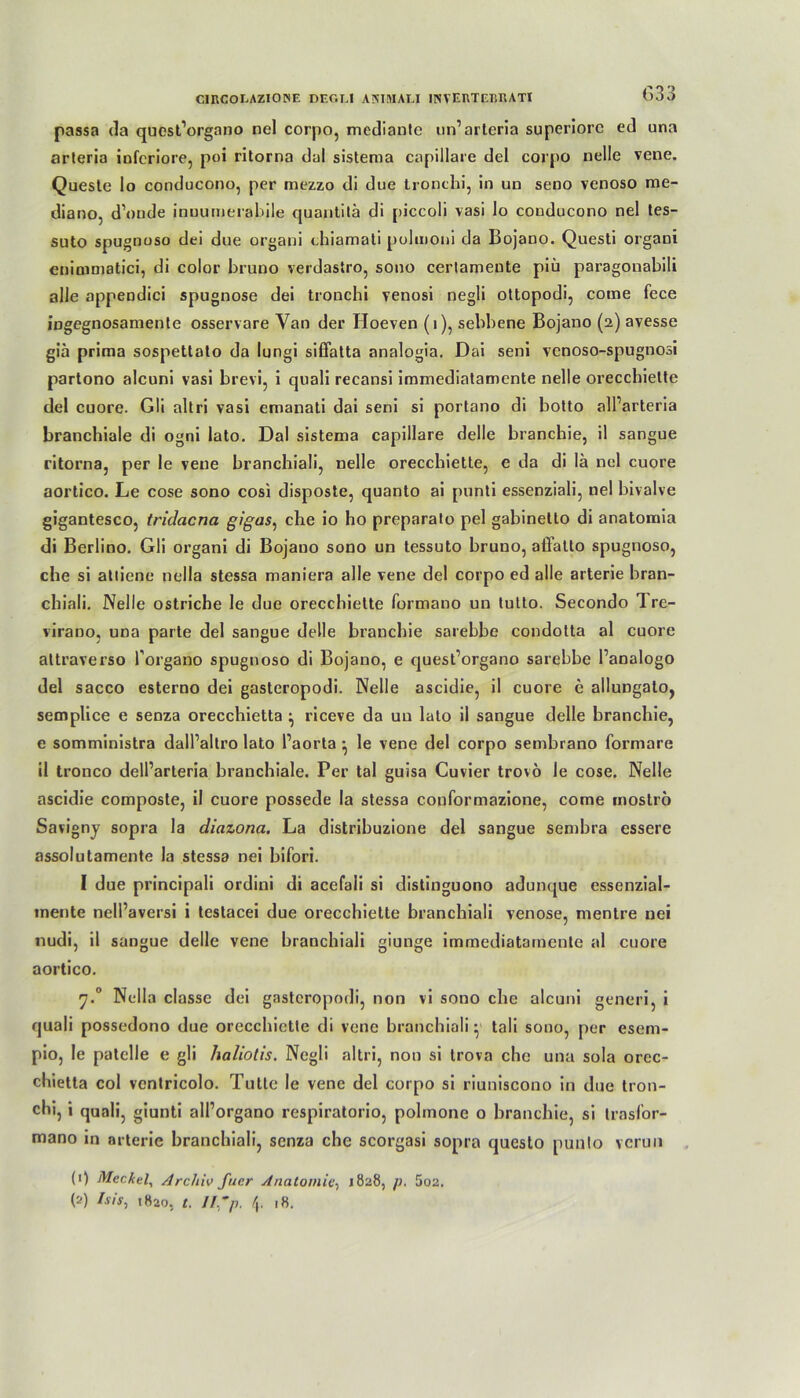 Go o passa da quest’organo nel corpo, mediante un’arteria superiorc ed una arteria inferiore, poi ritorna dal sistema capillare del corpo nelle vene. Queste lo conducono, per mezzo di due tronchi, in un seno venoso me- diano, d’oude inuumerabile quantitä di piccoli vasi lo conducono nel tes- suto spugnoso dei due organi chiamati polmoni da Bojano. Questi organi enimmatici, di color bruno verdastro, sono cerlamente piü paragonabili alle appendici spugnose dei tronchi venosi negli oltopodi, come fece ingegnosamente osservare Van der Iloeven (1), sebbene Bojano (2) avesse gih prima sospettato da lungi siffatta analogia. Dai seni venoso-spugnosi partono alcuni vasi brevi, i quali recansi immediatamente nelle orecchielte del cuore. Gli altri vasi emanati dai seni si portano di botto all’arteria branchiale di ogni lato. Dal sistema capillare delle branchie, il sangue ritorna, per le vene branchiali, nelle orecchiette, e da di lä nel cuore aortico. Le cose sono cosi disposte, quanto ai punti essenziali, nel bivalve gigantesco, tridaena gigas, che io ho preparalo pel gabinetto di anatomia di Berlino. Gli organi di Bojano sono un tessuto bruno, affatto spugnoso, che si atliene nella stessa maniera alle vene del corpo ed alle arterie bran- chiali. Nelle ostricbe le due orecchiette formano un tutto. Secondo 1 re- virano, uoa parte del sangue delle branchie sarebbe condotta al cuore attraverso Porgano spugnoso di Bojano, e quest’organo sarebbe Panalogo del sacco esterno dei gasteropodi. Nelle ascidie, il cuore e allungato, semplice e senza orecchietta ^ riceve da un lato il sangue delle branchie, e somministra dall’aitro lato l’aorta • le vene del corpo sembrano formare il tronco dell’arteria branchiale. Per tal guisa Cuvier trovö le cose. Nelle ascidie composte, il cuore possede la stessa conformazione, come inostro Savigny sopra la diazona. La distribuzione del sangue sembra essere assolutamente la stessa nei bifbri. I due principali ordini di acefali si distinguono adunque essenzial- inente nell’aversi i testacei due orecchiette branchiali venöse, mentre nei nudi, il sangue delle vene branchiali giunge immediatamente al cuore aortico. 7.0 Nella classe dei gasteropodi, non vi sono che alcuni generi, i quali possedono due orecchiette di vene branchiali -i tali sono, per esem- pio, le patelle e gli haliotis. Negli altri, non si trova che una sola orec- chietta col vcntricolo. Tutte le vene del corpo si riuniscono in due tron- chi, i quali, giunti all’organo respiratorio, polmone o branchie, si trasi’or- mano in arterie branchiali, senza che scorgasi sopra questo punto verun (1) Meckel, Archiv fucr Anatomie, 1828, p. 5o2.
