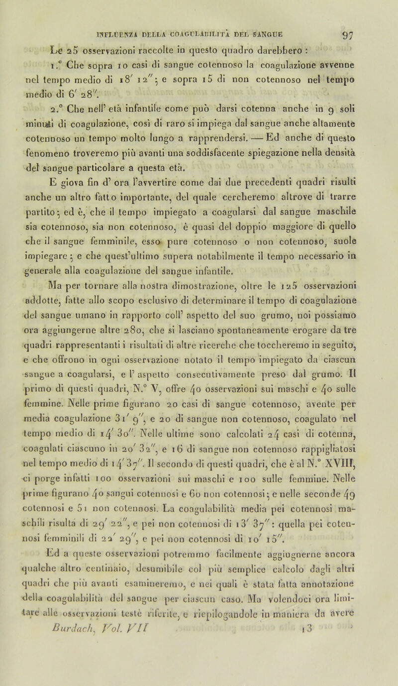 Le 25 osservazloni raccolte in questo qiiadro darebbero : 1, * Che sopra lo casi dl sangne colennoso la coagulazione avvenne nel tempo medio di i8^ * ® sopra i5 di non cotennoso nel tempo medio di 6' 28''. 2. ° Che neir elä infantile come puo darsl cotenna anche in 9 soli minuti di coagulazione, cosi di raro sl impiega dal sangne anche altaniente colennoso un tempo molto lungo a rapprendersl, — Ed anche di questo fenomeno troveremo plü avanti una soddisfacenle splegazione nella densltä del sangne particolare a questa etä. E giova fin d’ ora l’avverlire come dai due precedenti quadrl risulti anche un altro fatto Importante, del quäle cercheremo altrove di trarre parlito ^ ed e, che il tempo implegato a coagularsi dal sangue maschile sia cotennoso, sia non cotennoso, e quasi del dopplo maggiore di quello che il sangue femmlnile, esso pure colennoso o non cotennoso, suole impiegare ^ e che quest’ultimo supera notabllmenle il tempo necessarlo in generale alla coagulazione del sangue infantile, Ma per tornare alla noslra dimostrazione, obre le 125 osservazloni addotte, fatte allo scopo esclusivo di determinare il tempo di coagolazioue del sangue umano in rapporto colP aspetto del suo grumo, noi posslarao ora aggiungerne allre 280, che si lasciano spontaneamenle erogare da tre quadri rappresenlanli 1 risultall di altre ricerche che toccheremo in seguito, e che offrono in ogni osservazione nolalo il tempo implegato da ciascun sangue a coagularsi, e l’ aspetto conseculivamenle preso dal grumo. Il prlmo di quesli quadrl, N.° V, offre osservazioni sui maschl e sulle feinmlne. Nelle prime figurano 20 casi di sangue cotennoso, aveute per media coagulazione 3i' 9''’, e 20 dl sangue non colennoso, coagulato nel tempo medio di 14^ 3o^^ Nelle ultime sono calcolali a4 cotenna, coagulati ciascuno in 20^ 82^'^, e 16 di sangue non colennoso rapplgliatosi nel tempo medio dl \l( '^n. 11 secondo di questl quadri, che e al N.“ XVIII, ci porge infalti 100 osservazioni sui maschi e 100 sulle femmiue. Nelle prime figurano 40 sangul cotennosi e 6o non colennosi ^ e nelle seconde 49 cotennosi e 5i non cotennosi. La coagulobilila media pei cotennosi ma- schili risulta di 29^ ^ ^ pei non cotennosi di i 3^ ' cjuella pei coteu- nosl fernminili di 22^ 29^'^, e pei non cotennosi di 10^ Ed a qneste osservazioni polrerarno facilmente aggiugnerne ancora qualche altro cenlinaio, desumihile col piü semplice calcolo dagli altri quadri che piü avanti esainineremu, c nei quali e stala falla annotazione della coagulahilita del sangue per ciascun caso, Ma volendoci ora liini- tare alle osservazioni teste rilerile, e riepilogandole in maniera da avere BurdacK Vol. Vll i 3