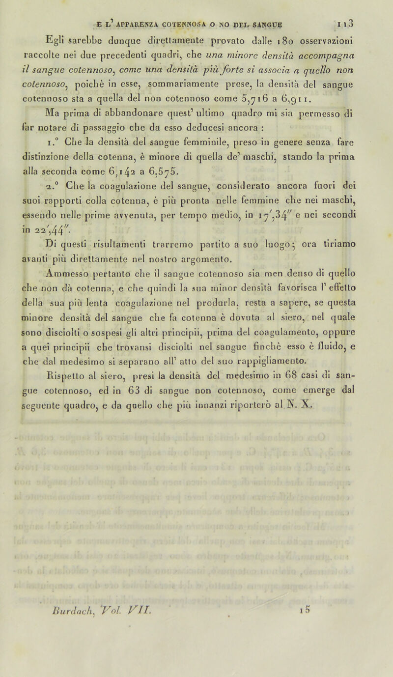 Egli sarebbe dunque diretlameute provalo dalle i8o osservazloni raccolte nei due precedenli quadri, che una ininore densitä accompagna il sangiie cotennoso^ come una densitä p 'iü forte si associa a quello non cotennoso^ poicbe in esse, sommariamente prese, la densila del sangue cotennoso sta a quella del non cotennoso come 5,yi6 a 6,gi i. Ma prima di abbandonare quest’ ultimo q^uadro ml sia permesso di far notare di passaggio ehe da esso deducesi ancora : 1. ° Cbe la densitä del sangue femmloile, preso in genere senza fare distinzione della cotenna, e minore dl quella de’ maschi, stando la prima alla seconda come 6,142 a 6,5y5. 2. “ Che la coagulazlone del sangue, considerato ancora fuorl dei suol rapporti colla cotenua, e piu prouta nelle femmine che nei masebi, essendo nelle prime avvenuta, per tempo medio, ln e nei secondi in 22 ,44 • Di questi rlsultamenti trarremo partito a suo luogo^ ora tiriamo avanti piü direttamente nei nostro argomento. Ammesso pertanto che il sangue cotennoso sia men deuso dl quello che non da cotenna, e che qulndl la sua minor densitä favorisca l’ efltetlo della sua piu lenta coagulazione nei produrla. resta a sapere, se questa minore densitä del sangue che fa cotenna e dovuta al siero, nei quäle sono disciolti o sospesi gli altrl prlncipli, prima del coagulamentü, oppure a quei prlnclpil che trovansi disciolti nei sangue finche esso e fluido, e che dal medesirno si separano all’ atto del suo rapplgliamento. Rispetto al siero, presi la densitä del medesirno ln 68 casl di san- gue cotennoso, ed in 63 di sangue non cotennoso, come emerge dal seguente quadro, e da quello che plä ionanzl rlporteio al N. X. ifJ Burdach. Vol. ]/lT.
