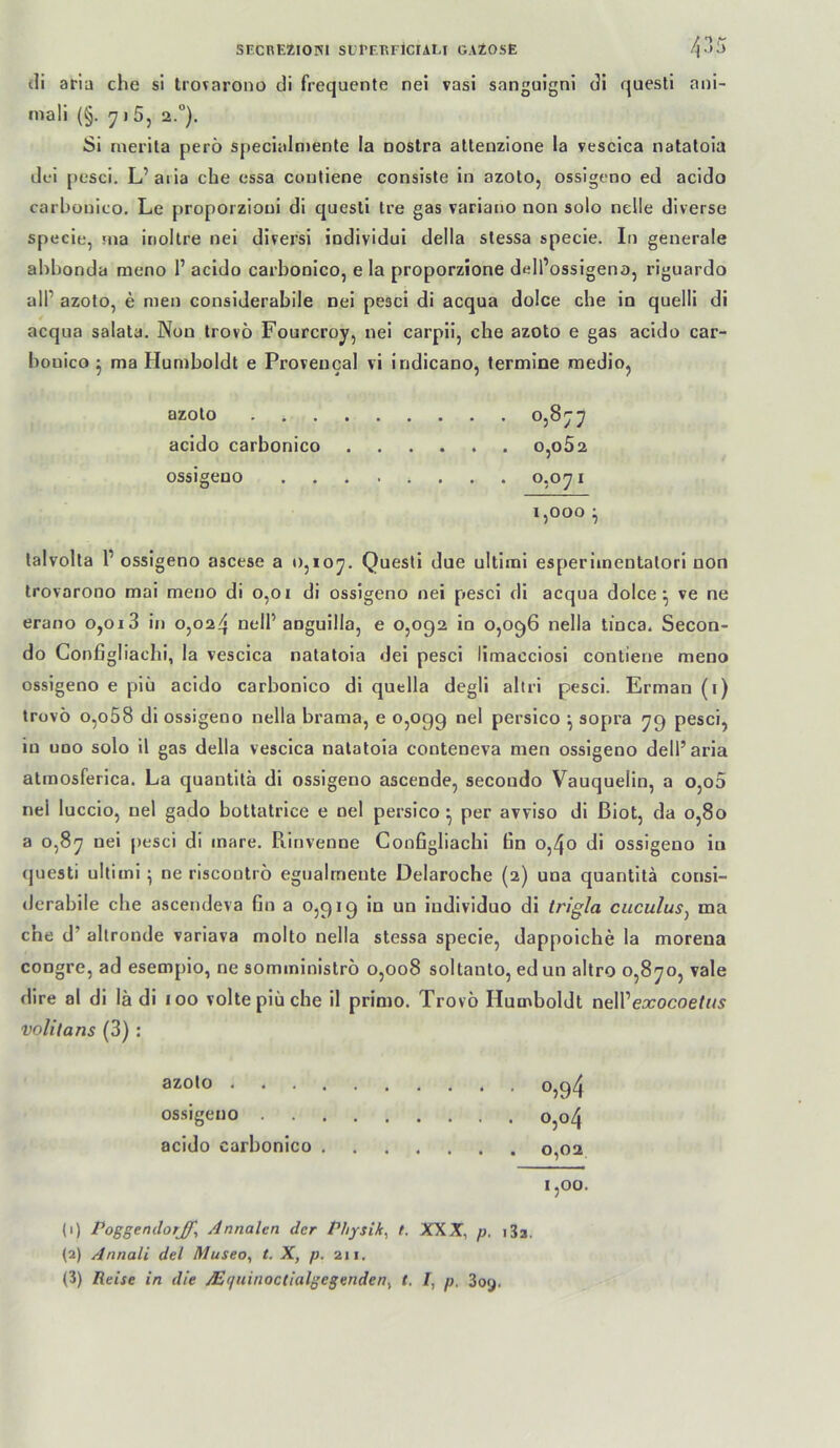 (li ariü che sl Irovarono di frequente nei vasi sanguigni di questl ani- mali (§. 7 ) 5, 2.“). Si rnerila perö specialniente la nostra allenzione la vesclca natatoia dfl pesci. L’ aiia che essa coutiene consisle in azoto, ossigeno ed acido carbüuico. Le proporzioui di quesli tre gas variano non solo nelle diverse specie, <na itioltre nei diversi individui della stessa specie. In generale ahhonda meno 1’ acido carbonico, e la proporzione dell’ossigeno, riguardo all’ azoto, e men considerabile nei pesci di acqua dolce che in quelli di acqua salata, Non trovö Fourcroy, nei carpii, che azoto e gas acido car- bouico • ma Humboldt e Proveucal vi iridicano, termine medioj azoto O3S77 acido carbonico 0,062 ossigeno 1,000 talvolta l’ ossigeno ascese a o,ioy. Questi due ultimi esperiinentatori non trovarono mai meno di 0,01 di ossigeno nei p>esci di acqua dolce ^ ve ne erano 0,013 in 0,024 anguilla, e 0,092 io 0,096 nella tinca. Secon- do Configliacbi, la vescica natatoia dei pesci limacciosi contiene meno ossigeno e piü acido carbonico di quella degli altri pesci. Erman (i) truvö o,o58 di ossigeno nella brama, e 0,099 persico ^ sopra ^9 pesci, in UDO solo il gas della vescica natatoia conteneva men ossigeno dell’aria atmosferica. La quantitä di ossigeno ascende, secoodo Vauquelin, a o,o5 nei luccio, nei gado bottatrice e nei persico ^ per avviso di ßiot, da 0,80 a o,8y nei pesci di inare. Piinvenoe Configliacbi fin 0,40 di ossigeno in questi ultimi ^ ne riscoutrö eguairneute Delarocbe (2) una quantitä consi- derabile che ascendeva fin a 0,919 in un individuo di trigla cuculus^ ma cne d’ altronde variava molto nella stessa specie, dappoiche la morena congre, ad esempio, ne somininiströ 0,008 soltanlo, ed un altro o,8yo, vale dire al di lä di 100 volte piü che il primo. Trovö Humboldt nell’ea:ocoe/«5 voliians (3): azoto 0,94 ossigeno 0,04 acido carbonico 0,02 1,00. (1) Poggendorff, Annalen der Physik^ t. XXX, p. iSa, (2) Annali del Museo^ t. X, p. 211.