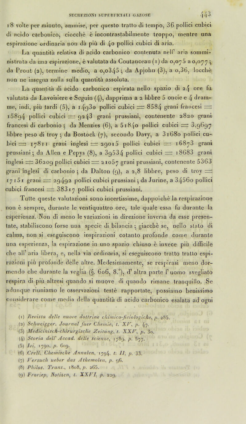 18 volle per miuulo, ammise, per queslo trallo di lempo, 36 pollicl cnblcl di acido carbonico, ciocche e incontrastabilmente troppo, menlre una espirazione ordinaria non da piü di pollici cubici di aria. La quantila relaliva di acido carbonico contenuta nell’ aria sommi- nistrata da una espirazione, e valutala da Coutanceau (i) da o,o^5 a ^ da Prout (2), lermine medio, a o,o345 ^ da Apjohn (3), a o,36, locche nun ne insegna nullu sulla quanlitä assoluta. La quantila dl acido carbonico esplrala nello spazlo di 24 ore fa valutala da Lavoisiere e Seguin (4), dapprima a 2 libbre 5 oncie e 4 drarn- ine, indi, piii tardi (5), a i4o3o pollici cubici nr 8584 francesi 1=: i58q4 pollici cubici := 9248 grani prussiani, contenente 2820 grani francesi di carbonio •, da Menzies (6), a 51840 pollici cubici =r 3,9697 libbre peso dl troy ^ da Bostock (7), secondo Davy, a 3 1680 pollici cu- bici 17811 grani inglesi =r 29015 pollici cubici :=: 16873 grani prussiani^ da Allen e Pepys (8), a 89534 pollici cubici r=r 1 8683 grani inglesi r=r 86209 pollici cubici = 21087 grani prussiani, contenente 5363 grani inglesi dl carbonio ^ da Dalton (9), a 2,8 libbre, peso dl Iroy ijiBi grani :z:r 29492 pollici cubici prussiani ^ da Jurine, a 3456o pollici cubici francesi nr: 38817 pollici cubici prussiani. Tutte queste valutazioni sono iucertissime, dappoiche la respirazlone non e sempre, duranle le ventlquattro ore, lale quäle essa fu durante la esperienza. Non di meno le variazlonl in direzlone inversa da esse presen- tate, stabiliscono forse una specie di bilancia •, giacche se, nello slato di calma, non sl eseguiscono inspirazioni cotanto profunde come durante una esperienza, la espirazione in uno spazio chiuso e invece piü difficile che all’ aria libera, e, nella via ordinaria, si eseguiscono trallo Iratto esj)i- razioni piü profunde delle altre. Medesimamente, se respirasi ineno dor- mendo che duranle la veglla (§. 606, 8.°), d’ altra parle 1’uomo svegllato respira dl piü altresi quando si muove di quando rirnane tranquillo. Se adunque riuniamo le osservazioni teste rapportate, possiamo benlsslmo coiisiderare come media della quanlitä di acido carbonico esalata ad ogui (1) Jievista delle nuove dottrine chimico-ßsiologiche^ p. 285. (2) Schweigger, Journal fuer Chemie, l. XV, p. 47. (3) Medicinisch-chirurgiscUe Zeitung, t. XXV, p. 3o. (4) Storia dell' Accad. delle scienze, 1789, p. 877. (5) loi, 1790, p. G09. (ß) CrelL Chemische Annalen, 1794, t. 11, p. 33, (7) Versuch ueber das Athemolen, p. 9G. (8) Philos. Trans., i8o8, p. 2Ü5. (9) Froriep, IVolizen, t. XXVI, p, 229,
