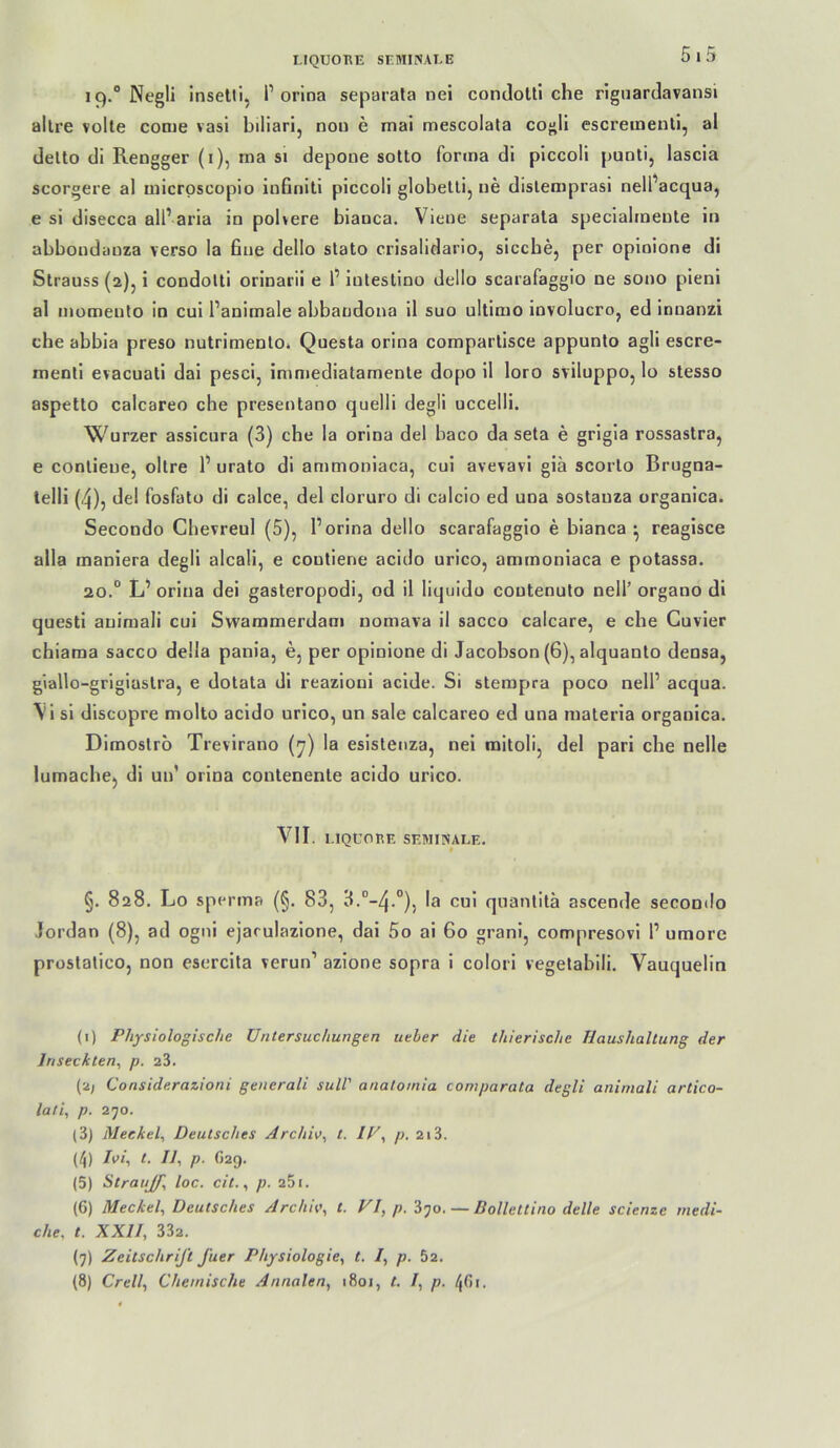 19. “ Negli inseUi, 1’orlna separala nei condolli che rignardavansi allre volle come vasi biliari, nou e mai mescolata cogli escretnenli, al delto di Rengger (i), raa si depoue sotto forma di piccoli puoti, lascia scorgere al micrpscopio ioGniti piccoli globelli, ue dislemprasi nelPacqua, e si disecca all’aria in poltere bianca. Vieue separala speciabneute in abbondauza verso la ßue dello slato crisalidario, siccbe, per opioione di Strauss (2), i condolti orinarii e 1’ inteslino dello scarafaggio ne sono pieni al niomento in cui l’animale abbandona il suo ultimo involucroj ed innanzi che abbia preso nutrimento» Questa orina comparlisce appunto agli escre- menli evacuati dai pesci, immediatamenle dopo il loro sviluppo, lo stesso aspetto calcareo che presentano quelli degli uccelli. Wurzer assicnra (3) che la orlna del baco da seta e grlgia rossastra, e conlieue, ollre 1’ urato di ammoniaca, cui avevavl giä scorlo Brugna- lelli (4), del fosfato di calce, del cloruro di calcio ed una sostauza urganica. Secondo Chevreul (5), 1’orlna dello scarafaggio e bianca • reagisce alla maniera degli alcali, e contiene acido urico, ammoniaca e potassa. 20. “ L’ orina dei gasteropodi, od il liquido coutenuto nell’ organo di questi auiraali cui Swammerdam uomava il sacco calcare, e che Guvier chiama sacco delia pania, e, per opinione di Jacobson (6), alquanto densa, giallo-griglaslra, e dolata dl reazlonl acide. Si stempra poco nell’ acqua. \i si discopre molto acido urico, un sale calcareo ed una materia organica. Dimoslro Trevirano {jj) la eslsteuza, nel mitoli, del pari che nelle lumachc) di uu’ orina coutenenle acido urico. VII. I.IQUORE SEMINALE. §. 828. Lo Sperma (§. 83, 3.“-4.°), la cui quantitä ascende secondo Jordan (8), ad ogni ejarulazlone, dai 5o ai 60 granl, compresovi 1’ umore prostatico, non esercita verun’ azione sopra 1 colori vegetablli. Vauquelin (1) Physiologische Untersuchungen ueber die thierische Haushaltung der Jnseckten, p. 23. (2) Considerazioni generali suW anatoinia comparata degli animali artico- lati, p. 270. (3) Meckeh Deutsches Archiv^ t. IP, p. 2i3. (4) /e/, t. IJ, p. G29. (5) Straujf, loc. cit., p. 25i. (6) Meckel, Deutsches Archh\ t. FI, p. 370. — ßollettino delle scienze inedi- che, t. XXII, 332. (7) Zeitschrift fuer Physiologie, t, I, p. 52. (8) Grell, Chemische Annalen, 1801, t. I, p. 461.