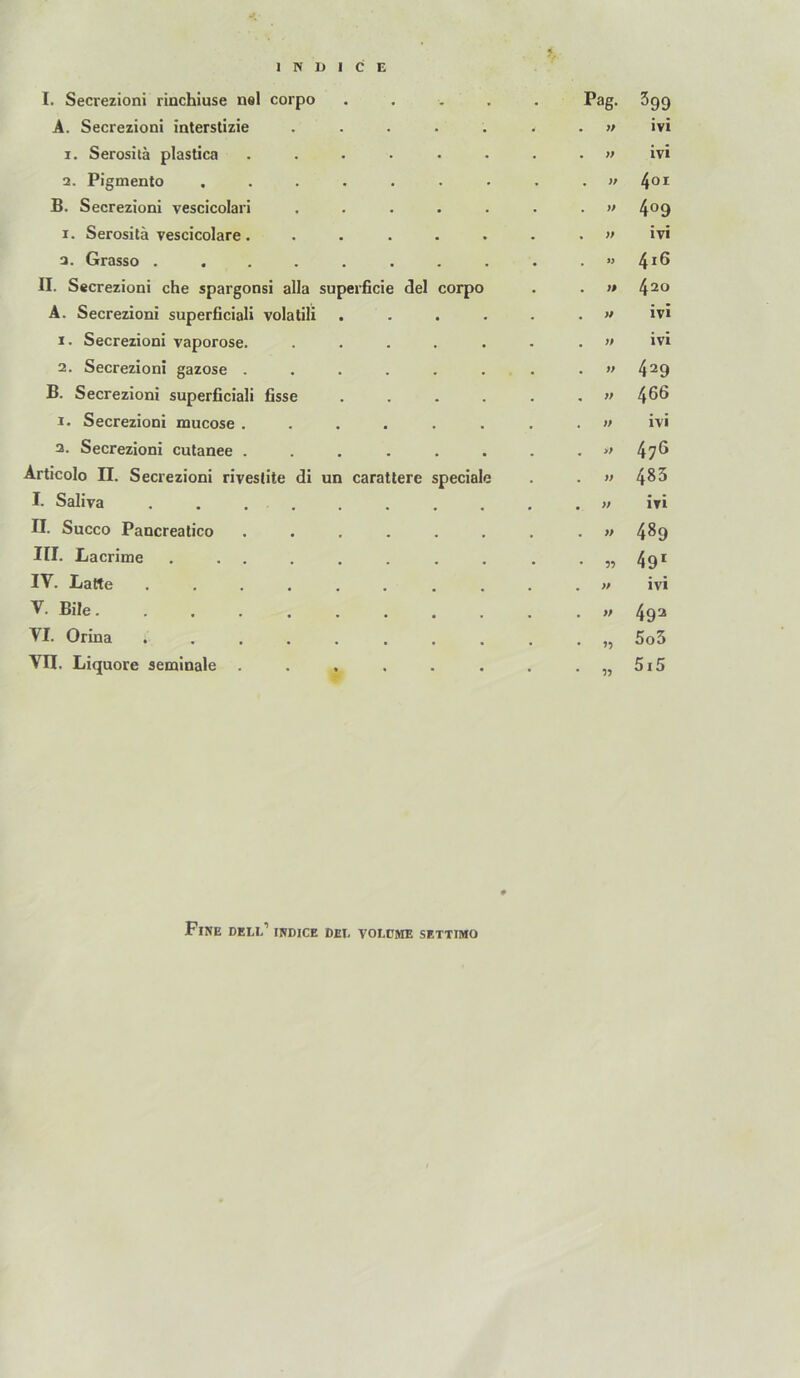 I. Secrezioni rinchiuse nel corpo . . . . Pag. ^99 A. Secrezioni interstizie ...... . ivi I. Serositä plastica ....... . }} ivi 2. Pigmente ........ . >f 4oi B. Secrezioni vescicolari ...... . yf 409 I. Serositä vescicolare....... . yf ivi 2. Grasso ......... . 4i6 II. Secrezioni che spargonsi alla superficie del corpo • y» 420 A. Secrezioni superficiali volatili ..... . yy ivi I. Secrezioni vaporose. ...... . yy ivi 2. Secrezioni gazose ....... • yy 429 B. Secrezioni superficiali fisse ..... , yy 466 I. Secrezioni mucose ....... . yy ivi 2. Secrezioni cutanee ....... . >y 476 Articolo II. Secrezioni rivestite di un carattere speciale , yy 485 I. Saliva . . . . • yy iri II. Succo Pancreatico ....... . yy 489 III. Lacrime ......... • 99 49* IV. Latte • yy ivi V. Bile . yy 492 VI. Orina ......... • »9 5o3 Vn. Liquore seminale ....... • 99 5i5 Fine dell’ indice Del volüme settimo