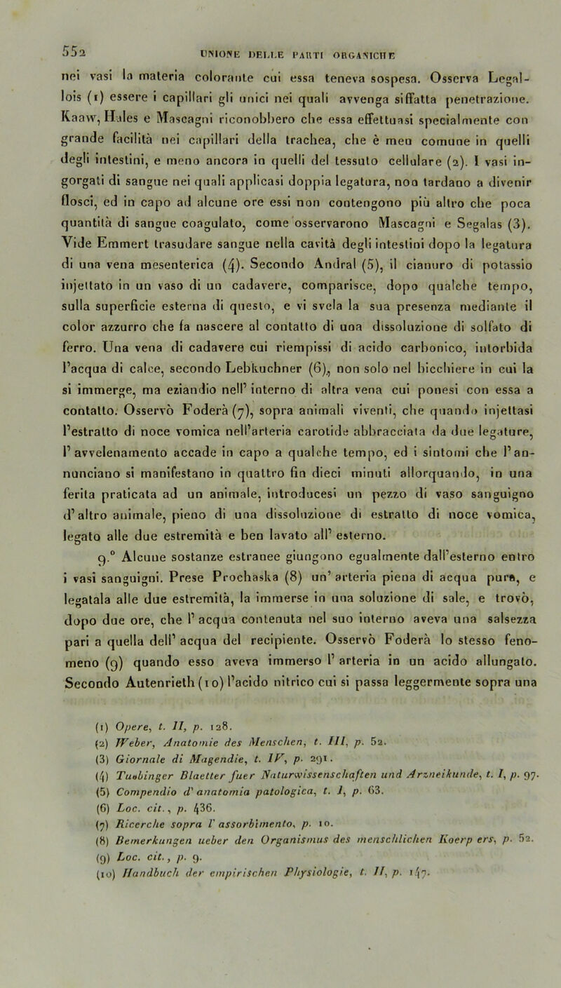 nei vasi la materia coloraiite cui essa teneva sospesa. Osscrva Legal - lois (i) essere i capillari gli unici nei quali avvenga siffatta penetrazione. Kaaw, Haies e iVTascagni riconobbero ehe essa eßettuasi specialmente con grande facilitä nei capillari Hella trachea, che e men comune in quelli degli intestini, e meno ancora in quelli del tessuto cellulare (2). I vasi in- gorgati di sangue nei qnali applicasi doppia legatura, noa tardano a divenir flosci, ed in capo ad alcune ore essi non contengono piü altro che poca quantilä di sangue coagulato, come osservarono Mascagni e Segalas (3). Yide Emmert Irasudare sangue nella cavitä degli intestini dopo la legatura di una vena mesenterica (4)- Secondo Andral (5), il cianuro di potassio injettato in un vaso di un cadavere, comparisce, dopo qualche tempo, sulla superficie esterna di questo, e vi svela la sua presenza mediante il color azzurro che fa nascere al contalto di una dissoluzione di solfato di ferro. Una vena di cadavere cui riempissi di acido carbonico, intorbida Pacqua di calce, secondo Lebküchner (6),, non solo nei bicchiere in cui la si immerge, ma eziandio nell’ interno di altra vena cui ponesi con essa a contatto. Osservö Foderä^), sopra animali viventi, che quando injettasi Pestralto di noce vomica nell’arteria carotide abbracciata da due legature, P avvelenarnento accade in capo a qualche tempo, ed i sintomi che Pan- nunciano si manifestano in quattro fin dieci minuti allorquando, in una ferita praticata ad un animale, introducesi un pezzo di vaso sanguigno d1 2 3 * 5 6 * 8 9 10 altro animale, pieno di una dissoluzione di estralto di noce vomica, legato alle due estremitä e ben lavato all’ esterno. q.° Alcuue sostanze estranee giungono egualmente dall’esterno entro i vasi sanguigni. Prese Prochaska (8) un’ arteria piena di acqua pur®, e legatala alle due estremitä, la immerse in una soluzione di sale, e trovö, dopo due ore, che P acqua contenuta nei suo interno aveva una salsezza pari a quella delP acqua del recipiente. Osservö Foderä lo stesso feno- meno (9) quando esso aveva immerso P arteria in un acido allungato. Secondo Autenrieth (10) Pacido nitrico cui si passa leggermente sopra una (1) Opere, t. 11, p. 128. (2) Weber, Anatomie des Menschen, t. III, p. 52. (3) Giornale di Magendie, t. IV, p■ 291. (/)) Tuobinger Blaetter fuer Naturwissenschaften und Arzneikunde, t. /, p. 97. (5) Compendio d' anatomia patologica, t. 1, p. G3. (6) Loc. eit., p. 436. <7) Ricerche sopra V assorb'unento, p. 10. (8) Bemerkungen ueber den Organismus des menschlichen Koerp ers, p. 52. (9) Loc. cit., p. 9. (10) Handbuch der empirischen Physiologie, t. //, p. t \n.