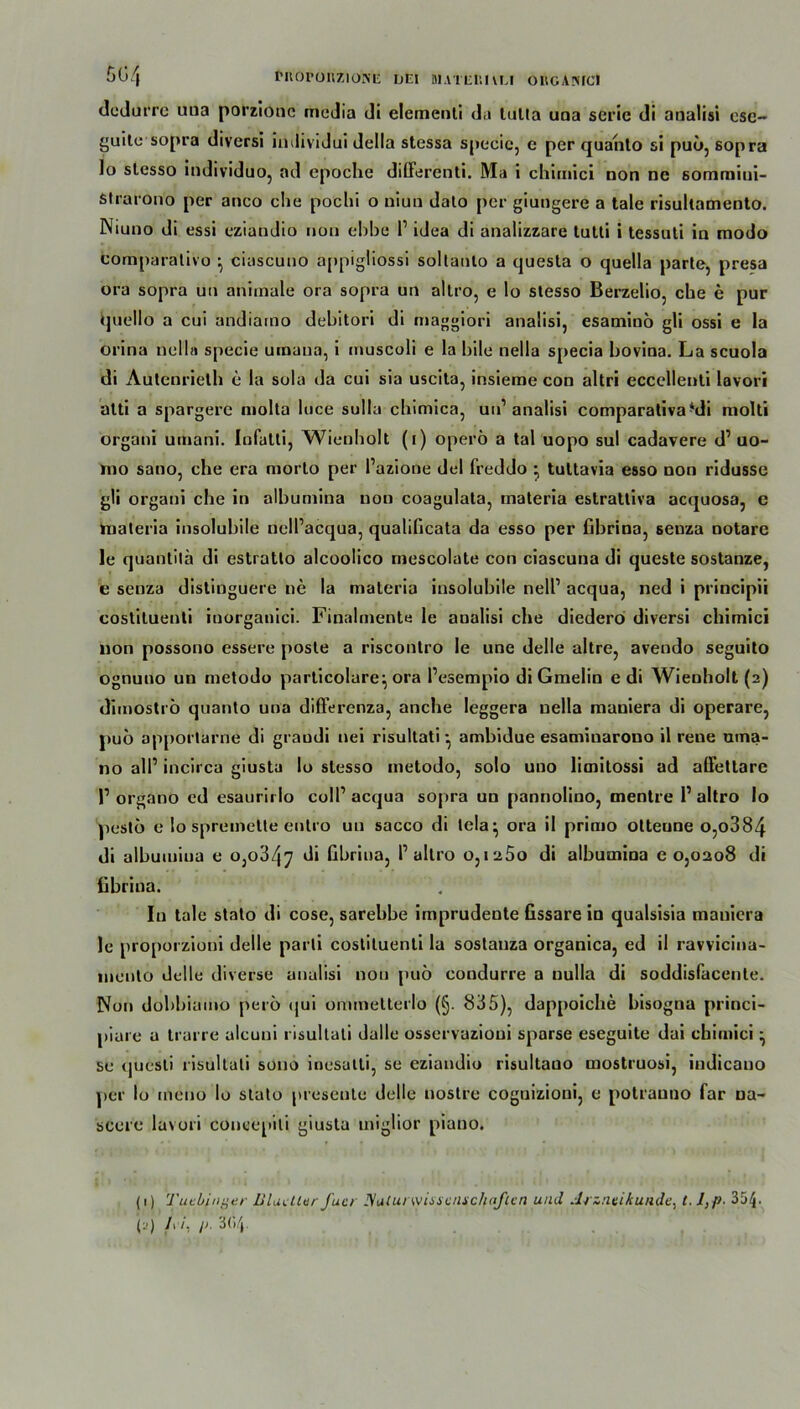 504 ruoi’onzioNu uei mateiuiei odgarici dcdurre uua porzionc media di elemenli da lutla una seric di analisi cse- guilc sopra diversi individui della stessa specie, c per quahto si pub, sopra lo slesso individuo, ad epoche dilFerenti. Ma i chimici non ne sommini- Strarono per anco che pochi o uiun dato per giungere a tale risultamento. Niuno di essi eziandio non ebbe l1 idea di analizzare tutti i tessuti in modo comparalivo ^ ciascuno appigliossi sollanto a questa o quella parte, presa ora sopra un animale ora sopra un altro, e lo stesso Berzelio, che e pur quello a cui andiatno debitori di maggiori analisi, esamioo gli ossi e la orina nella specie umaua, i muscoli e la bile nella specia bovina. La scuola di Autenrielh e la sola da cui sia uscita, insieme con altri eccellenti lavori atti a spargere niolta luce sulla chimica, un1 analisi comparativa*di molti organi umani. Infatti, Wienholt (i) operb a tal uopo sul cadavere d’ uo- tno sano, che era niorto per Pazione del freddo tuttavia esso non ridusse gli organi che in albumina uou coagulata, materia estrattiva acquosa, e inateria insolubile ncll’acqua, qualificata da esso per fibrina, seuza notare le quantitä di estratlo alcoolico mescolate con ciascuna di queste sostanze, e senza distinguere ne la materia insolubile nell1 acqua, ned i principii costiluenti iuorganici. Finalmente le analisi che diedero diversi chimici non possono essere posle a riscontro le une delle altre, avendo seguito ognuno un metodo particolare^ ora Pesempio di Gmelin e di Wienholt (2) dimoströ quanto uua differenza, anche leggera nella maniera di operare, puo apportarne di graudi nei risultati • ambidue esamiuarouo il reue uma- no all’ incirca giusta lo slesso metodo, solo uuo limitossi ad affettare P organo cd esaurirlo colP acqua sopra un pannolino, mentre P altro lo pestö e Io spremette entro un sacco di tela^ ora il primo otteune o,o384 di albumiua e o,o347 di Gbrina, P altro o,i25o di albumina e 0,0208 di fibriua. In tale stato di cose, sarebbe imprudente fissare in qualsisia maniera le proporzioni delle parli costiluenti la sostanza organica, ed il ravvicina- inento delle diverse analisi non puö condurre a nulla di soddisfacente. Non dobbiaino pero qui onunetterlo (§. 835), dappoiche bisogna princi- piare a trarre alcuni risultati dalle osservazioni sparse eseguite dai chimici ^ se <juesti risultati sono inesalti, se eziandio risultauo mostruosi, indicano per lo meno lo stato presente delle nostre coguizioni, e potrauno far ua- scere lavori concepiti giusta uiiglior piano. (1) Tutbinger L'luiUur Jucr Natui wisscmchaften und Arzntikunde, t. J,p• 354• /*■/, p. 3G4.