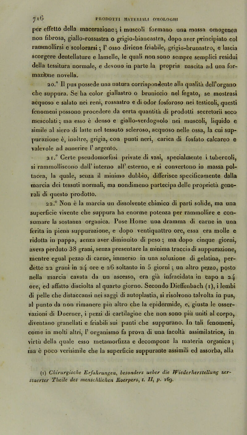 per effetto della macerazione *, i muscoli formauo una n>assa omogenea non fibrosa, giallo-rossastra o grigio-biancastra, dopo aver principiato col rammollirsi e scolorarsi* l1 osso diviene friabile, grigio-brunastro, e lascia scorgere dentellature e lamelle, le quali non sono sempre semplici residui della tessitura normale, e devono in parte Ia propria nascita ad una for- maztene novella. 20. ° II pus possede una natura corrispondente alla qualita delPorgano che suppura. Se ha color giallastro o bruniccio nel fegato, se inostrasi acquoso e salato nei reni, rossastro e di odor fosforoso nei testicoli, questi fenomeni possono procedere da certa quantita di prodotti secretorii seco mescolati; ma esso e denso e giallo-verdognolo nei muscoli, liquido e simile al siero di latte nel tessuto scleroso, acquoso nelle ossa, la cui sup- purazione e, inoltre, grigia, con punti neri, carica di fosfato calcareo e valevole ad aunerire 1’ argento. 21. ° Gerte pseudomorfosi private di vasi, specialmente i tubercoli, si rammolliscono dall’ interno all1 esterno, e si convertono in massa pol- tacea, la quäle, senza il ininimo dubbio, differisce specificamente dalla marcia dei tessuti normali, ma nondimeno partecipa delle proprietä gene- rali di questo prodotto. 22.0 Non e la marcia uu dissolvente chimico di parti solide, ma una superficie vivente che suppura ha enorme potenza per rammollire e con- sumare la sostanza orgauica. Pose Home una dramma di carne in una ferita in piena suppurazione, e dopo ventiquattro ore, essa era molle e ridotta in pappa, senza aver diminuito di peso ^ ma dopo cinque giorni, aveva perduto 38 grani, senza presentare la minima tracciadi suppurazione, mentre egual pezzo di carne, immerso in una soluzione di gelatina, per- dette 22 grani in 24 ore e 26 soltanto in 5 giorni • un altro pe,zzo, posto nella marcia cavata da un ascesso, era gia iufracidata in capo a 24 ore, ed affatto disciolta al quarto giorno. Secondo Dieffenbach (1), i lembi di pelle che distaccansi nei saggi di autoplastia, si risolvono talvolta in pus, al punto da non rimanere piu altro che la epidermide, e, giusta le osser- vazioni di Doerner, i pezzi di cartilagioe che non sono piu uuiti al corpo, diventano granellati e friabili sui punti che suppurano. In tali fenomeni, come in molti al tri, P organismo fa prova di una facoltä assimilatrice, in virtü della quäle esso metamorßzza e decompone la materia organica • ma e poco verisimile che la superGcie suppurante assimili ed assorba, alla (1) Chirurgische Erfahrungen, besonders ueber die Wiederherstellung xxr- stacrter Theile des menschlichen Koerpers, t. 11, p. 169.