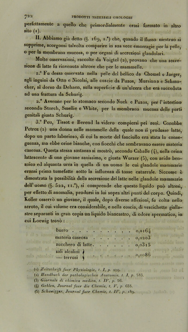perfettamente a quello che primordialmente crasi formato in altro sito (i). II. Abbiamo giä detto (§. 169? 1 2 3 4 5 •*) che; quando il flusso mestruo si sopprime, scorgonsi talvolta comparire in sua vece emorragie per la pelle, o per la membrana mucosa, o per organi di secrezioni glandolari. Molte osservazioni, raccolte da Voigtei (2), provano che una secre- zione di latte fu rinvenuta altrove che per Ie mammelle. i.° Fu dessa osservata nella pelle del bellico da Chomel e Jaeger, agli inguini da Otto e Nicolai, alle coscie da Puzos, Mursinna e Schmu- cker, al dorso da Dehaen, sulla superGcie di un’ulcera che era succeduta ad una frattura da Schurig. 2.0 Avvenne per lo stomaco secondo Nuck e Puzos, per P intestino secondo Storch, Smellie eNVhite, per la membrana mucosa delle parti genitali giusta Schurig. 3.° Peu, Tissot e Berend la videro compiersi pei reni. Conobbe Petroz (2) una donna nelle mammelle della quäle non si produsse latte, dopo un parto laborioso, di cui la morte del fanciullo era stata la conse- guenza, ma ebbe orine bianche, con fiocchi che sembravano essere materia caseosa. Questa stessa sostanza si mostro, secondo Caballe (4), nella orina lattescente di una giovane sanissima, e giusta Wurzer (5), con acido ben- zoico ed alquanta urea in quella di un uomo le cui glandole mammarie eransi prima tumefatte sotto la influenza di tosse catarrale. Siccome e dimostrata la possibilita della secrezione del latte nelle glandole mammarie dell’ uomo (§. 522, si comprende che questo liquido puo altresi, per effetto di anomalia, prodursi in lui sopra altri punti del corpo. Quiodi, Koller osservö un giovane, ii quäle, dopo diverse affezioni, fu colto nello scroto, il cui volume era considerabile, e nella coscia, di vescichette gialla- stre separanti in grau copia un liquido biancastro, di odore spermatico, in cui Loewig trovö : burro materia caseosa zucchero di latte sali alcalini ) — lerrosi () . 0,0164 . 0,0203 o,o3i5 0,0086 (1) Zeitschrift fu.tr Physiologie, t. /, p. 299. (2) Handbuch der pathologischen Anatomie, t. 1. p. 583. (3) Giornale di chirnica medica. t. IV. p. 56. (4) Gehlen, Journal fuer die Chemie, t. V, p 655. (5) Schwetgger, Journal fuer Chemie, t. IV, p. 189.