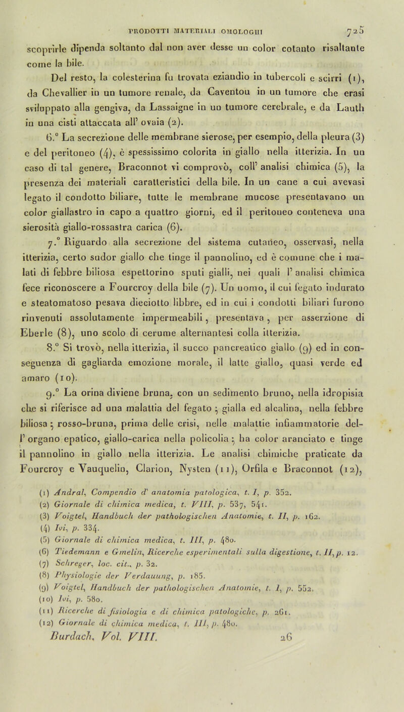 scoprirle dipenda soltanto dal non aver desse un color colaulo risaltante come la bile. Del resto, la colesterina fu trovata eziaudio in tubercoli e sclrri (i), da Chevallier in un tumore renale, da Caventou in un tumore che erasi sviloppato alla gengiva, da Lassaigne in un tumore cerebrale, e da Laulh in una cisti altaccata all’ ovaia (2). 6.° La secrezione delle merabrane sierose, per esempio, della pleura (3) e del peritoneo (/j), e spessissimo colorita in giallo nella itterizia. In un caso di tal genere, Braconnot vi comprovö, coli’ analisi chimica (5), la presenza dei materiali caratleristici della bile. In un cane a cui avevasi legato il condotto biliare, tulte le merabrane mucose presentavano un color giallastro in capo a quattro giorni, ed il peritoneo conteneva una sierositä giallo-rossastra carica (6). 7.0 Riguardo alla secrezione del sistema cutarieo, osservasi, nella itterizia, certo sudor giallo che tinge il pannolino, ed e comune che i raa- lati di febbre biliosa espettorino sputi gialli, nei quali l1 2 3 4 5 * 7 8 9 10 11 12 analisi chimica fece riconoscere a Fourcroy della bile (7). Un uomo, il cui legato indarato e steatomatoso pesava dieciotto libbre, ed in cui i condotti biliari furono rinvenuti assolutamente impermeabili, presentava, per asserzione di Eberle (8), uno scolo di cerume alternantesi colla itterizia. 8.° Si trovö, nella itterizia, il succo pancrealico giallo (9) ed in con- seguenza di gagüarda emozione morale, il latte giallo, quasi verde ed amaro (10). 9.0 La orina diviene bruna. con un sediinento bruno, nella idropisia ehe si riferisce ad una malattia del fegato } gialla ed alcalina, nella febbre biliosa } rosso-bruna, prima delle crisi, nelle malattie inüammatorie del- I’ organo epatico, giallo-carica nella policolia ^ ha color aranciato e tinge il pannolino in giallo nella itterizia. Le analisi cbimiche praticate da Fourcroy e Yauqueliu, Clarion, Nysteu (1 i), OrGla e Braconnot (12), (1) Andrcil, Compendio d' anatomia palologicai t. 1, p. 352. (2) Giornale di chimica tnedica, t. V111, p. 537, 541- (3) Voigteli Handbuch der pathologischen Anatomie, t. II, p. 1G2. (4) Je», p. 334. (5) Giornale di chimica tnedica, t. III, p. (G) Tiedemann e G/nelin, Rice reite esperimentali sulla digestione, t.ll,p. 12. (7) Schreger, loc. cit., p. 32. (8) Physiologie der Verdauung, p. i85. (9) ^oigtel, Handbuch der pathologischen Anatomie, t. 1, />. 552. (10) loi, p. 58o. (11) Ricerche di Jisiologia e di chimica palologichc, p. 2G i. (12) Giornale di chimica tnedica, t. 111, p. /|8o. Burdach, Vol. VIIT. 26