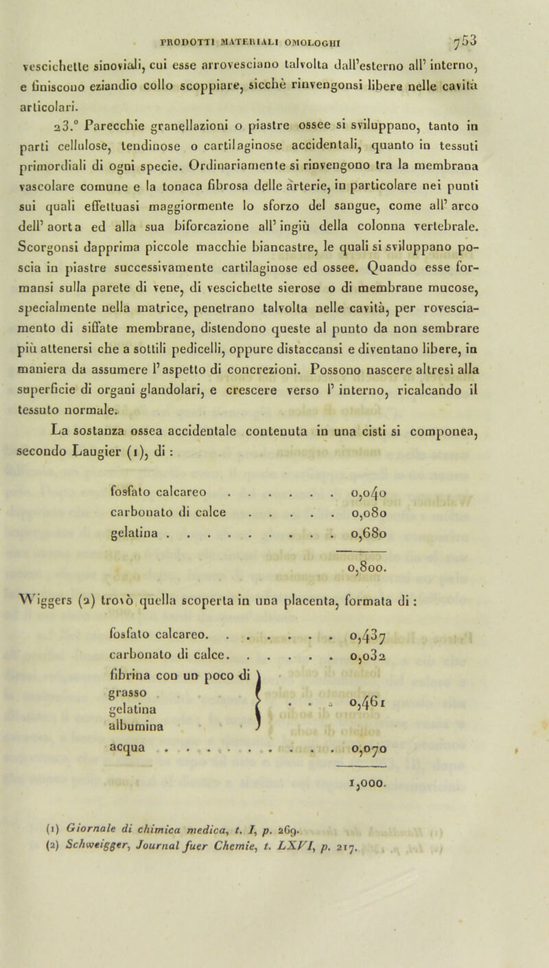 vescichetle sinoviciJi, cui esse arrovesciano talvolta dall’esterno all1 interno, e tiniscouo eziandio collo scoppiare, sieche riuvengonsi libere nelle cavitii arlicolari. 23.° Parecchie granellazioni o piastre ossee si sviluppano, tanto in parti cellulose, leudinose o cartil aginose accidentali, quanto in tessuti primordiali di ogni specie. Ordinariamente si rinvengono tra la niembrana vascolare cornune e la tonaca fibrosa delle arterie, in particolare nei punti sui quali effetluasi maggiormeute Io sforzo del sangue, come all’ arco dell’aorta ed alla sua biforcazione all1 ingiü della colonna vertebrale. Scorgonsi dapprima piccole maccbie biancastre, le quali si sviluppano po- scia in piastre successivamente cartilaginose ed ossee. Quando esse for- mansi sulla parete di vene, di vescichelte sierose o di membrane mucose, speciabnente nella niatrice, penetrano talvolta nelle cavitä, per rovescia- raento di sififate membrane, distendono queste al punto da non sembrare pib attenersi che a sottili pedicelli, oppure distaccansi ediventano libere, in maniera da assumere l’aspetlo di concrezioni. Possono nascere altresi alla superficie di organi glandolari, e crescere verso l1 interno, ricalcando il tessuto normale* La sostanza ossea accidenlale couteuuta in una cisti si componea, secondo Laugier (i), di : fosfato calcareo o,o4o carbouato di calce 0,080 gelatina 0,680 0,800. Wiggers (a) lro\ö quella scoperla in una placenta, formata di: fosfato calcareo °j4^7 carbonato di calce o,o3a fibrina con un poco di grasso gelatina albumina acqua 1,000. (1) Giornale di chimica medica, t. 7, p. 2G9. (2) Sc/iweigßer, Journal fuer Chemie, t. LXVI, p. 217.