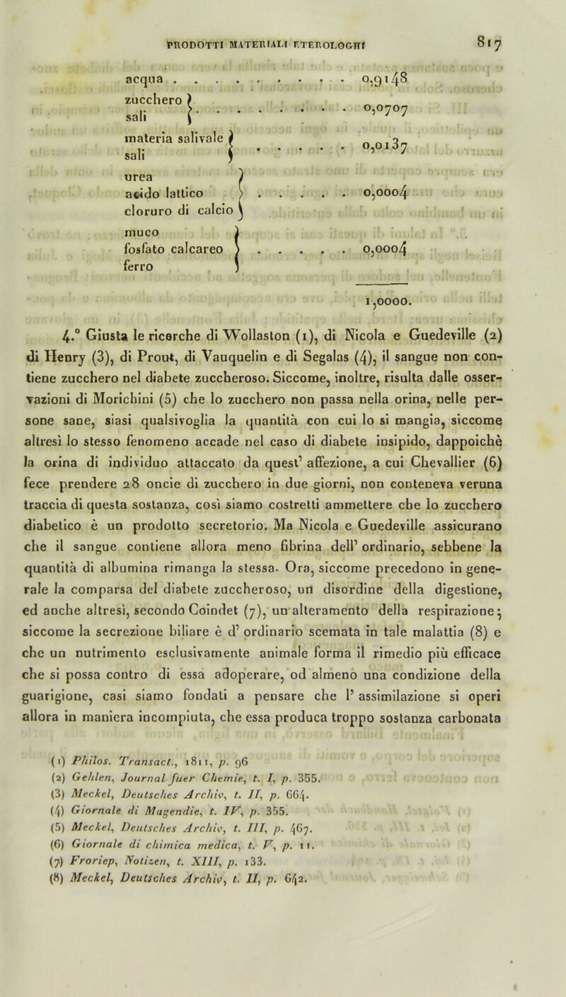 ncqua . zucchero ) sali £ .' 11 materia salivale i sali ) 0,0137 onuxso urea ) ' • f n ‘j r*. r;vt ncido lattico cloruro di calcio > 0,0004 ■ * 1 ::iKl litt in muco ) r - . ;» : ,. *. . (.! fosfato calcareo J ferro 3 1 0,0004 1,0000. 4.° Giust» le ricerche di Wollaslon (1), di Nicola e Guedeville (2) di Henry (3), di Prout, di Vauquelin e di Segalas (4), il sangue non con- tiene zucchero nel diabete zuccheroso. Siccome, inoltre, risulta dalle osser- vazioni di Morichini (5) che lo zucchero non passa nella orina, nelle per- sone sane, siasi qualsivoglia la quantitä con cui lo si mangia, siccome altresi lo stesso fenomeno accade nel caso di diabete insipido, dappoiche Ja orina di individuo attaccato da quest’ affezione, a cui Chevallier (6) fece preudere 28 oncie di zucchero in due giorni, non conteneva veruna traccia di questa sostanza, cosi siamo costretli ammettere ehe lo zucchero diabetico e un prodotto secretorio. Ma Nicola e Guedeville assicurano che il sangue contiene allora meno fibrina dell1 2 3 4 5 * 7 8 ordinario, sebbene la quantitä di albumina rimanga la stessa. Ora, siccome precedono in gene- rale la comparsa del diabete zuccheroso, un disordine della digeslione, ed anche altresi, secondo Coindet (7), un alteramento della respirazione} siccome la secrezione biliare e d’ ordinario scemata in tale malattia (8) e che un nutrimento esclusivamente animale forma il rimedio piü efficace che si possa contro di essa adoperare, od almeno una condizione della guarigione, casi siamo fondali a pensare che 1’ assimilazione si operi allora in maniera incoinpiuta, che essa produca troppo sostanza carbonata (1) P/iilos. Transact., 1811, p. 96 (2) Gehlen, Journal fuer Chemie, t. I, p. 355. (3) Meckel, Deutsches Archiv, t. II, p. G6/|. (4) Giornale di Magendie, t. IV, p. 355. (5) Meckel, Deutsches Archiv, t. III, p. 4G7. (G) Giornale di chimica medica, t. V, p. 11. (7) Froriep, Notizen, t. XIII, p. 133. (8) Meckel, Deutsches Archiv, t. II, p. G42.