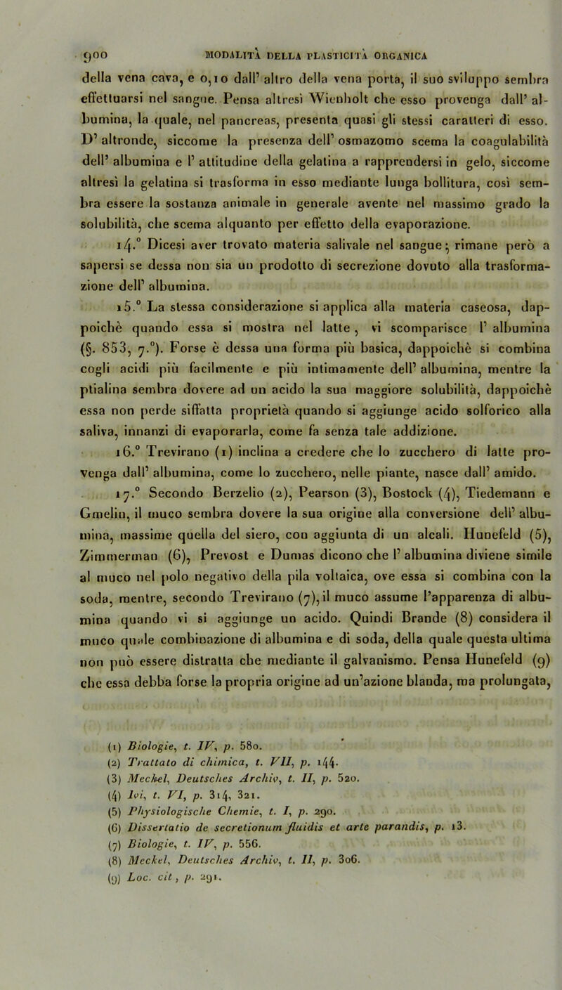 della vena cava, e 0,10 dall1 2 3 4 5 * 7 8 9 allro della vena porta, il suo sviluppo sembra efl'ettuarsi nel sangne. Pensa altresi Wienholt che esso provenga dall’ al- bumina, la quäle, nel pancreas, presenta quasi gli stessi caralteri di esso. 1)’ altronde, siccome la presenza dell1 osmazomo scema la coagulabilitä dell’ albumina e I’ altitudine della gelalina a rapprendersi in gelo, siccome altresi la gelatina si trasforma in esso mediante lunga bollitura, cosi sem- bra essere la sostanza animale in generale avente nel massimo grado la solubilitä, ehe scema alquanto per effetto della evaporazione. i4.° Dicesi aver trovato materia salivale nel sangue • rimane perö a sapersi se dessa non sia un prodolto di secrezione dovuto alla trasforma- zione dell’ albumina. »5.° La slessa considerazione si applica alla materia caseosa, dap- poiche quando essa si mostra nel latte , vi scomparisce l1 albumina (§. 853, 7.0). Forse e dessa una forma piü basica, dappoiche si combina cogli acidi piü facilmente e piü intimamente dell1 albumina, mentre la ptialina sembra dovere ad un acido la sua maggiore solubilitä, dappoiche essa non [»erde siffatta proprietä quando si aggiunge acido solforico alla saliva, innanzi di evaporarla, come fa senza tale addizione. 16.0 Trevirano (1) inclina a credere che Io zucchero di latte pro- venga dall1 albumina, come lo zucchero, nelle piante, nasce dall1 amido. 17.0 Secondo Berzelio (2), Pearson (3), Bostock (4), Tiedemann e Gmeliu, il muco sembra dovere la sua origine alla conversione dell1 albu- mina, massime quella del siero, con aggiunta di un alcali. Hunefeld (5), Zimmerman (6), Prevost e Dumas dicono che l1 albumina diviene simile al muco nel polo negativo della pila voltaica, ove essa si combina con la soda, mentre, secondo Trevirano (7), il muco assutne l’appareuza di albu- mina quando vi si aggiunge un acido. Quindi Brande (8) considera il muco quäle combiuazione di albumina e di soda, della quäle questa ultima non puo essere distratta che mediante il galvanismo. Pensa Hunefeld (9) ehe essa debba forse la propria origine ad un’azione blanda, ma prolungata, (1) Biologie, t. IV, p. 58o. (2) Tratlato di chimica, t. VII, p. 144- (3) Meckel, Deutsches Archiv, t. II, p. 520. (4) lvi, t. VI, p. 314, 32i. (5) Physiologische Chemie, t. /, p. 290. (G) Dissertalio de secretionurn fluidis et arte parandis, p. i3. (7) Biologie, t. IV, p. 556. (8) Meckel, Deutsches Archiv, t. II, p. 3o6. (9) Loc. cit, p. 291.