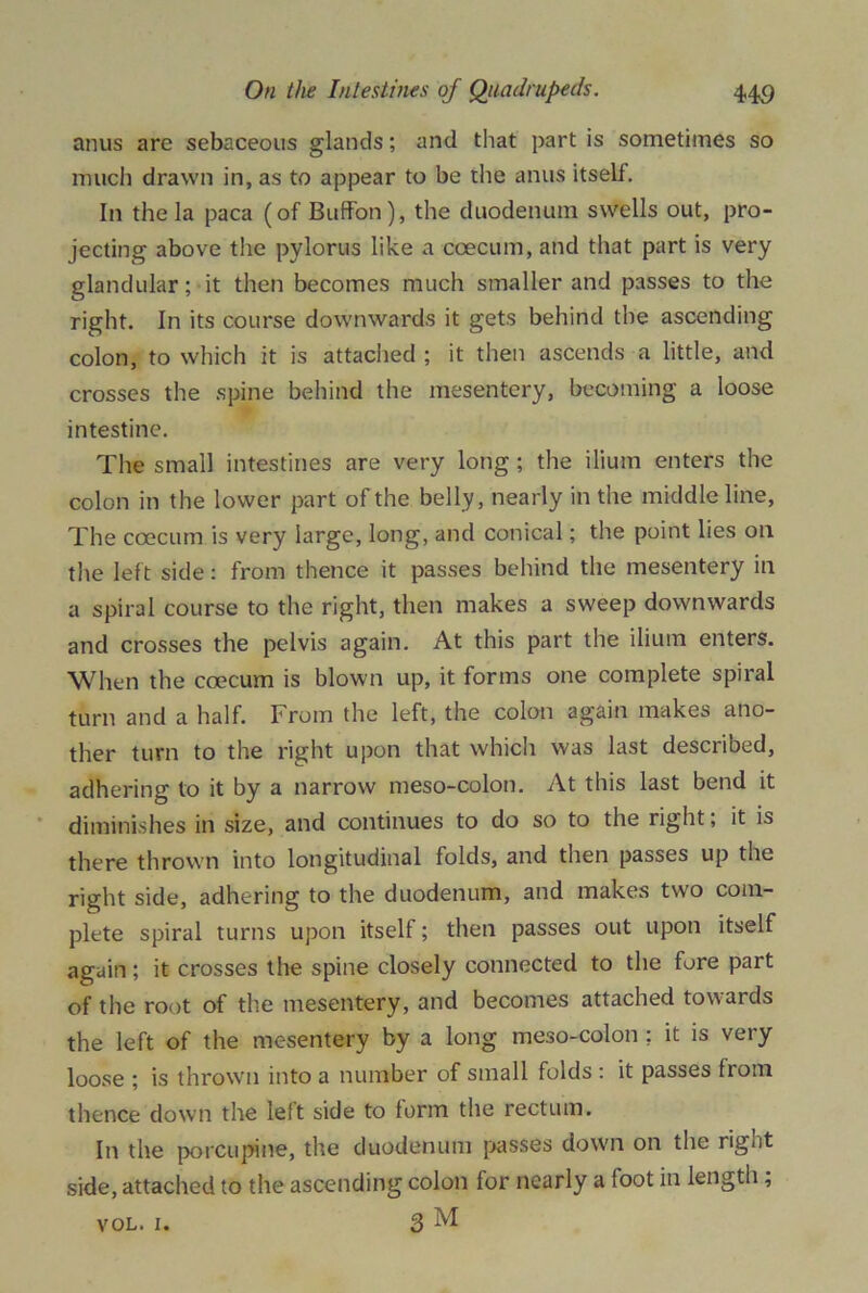 anus are sebaceous glands; and that part is sometimes so much drawn in, as to appear to be the anus itself. In the la paca (of Buffon), the duodenum swells out, pro- jecting above the pylorus like a coecum, and that part is very glandular; it then becomes much smaller and passes to the right. In its course downwards it gets behind the ascending colon, to which it is attached ; it then ascends a little, and crosses the spine behind the mesentery, becoming a loose intestine. The small intestines are very long ; the ilium enters the colon in the lower part of the belly, nearly in the middle line, The coecum is very large, long, and conical; the point lies on the left side: from thence it passes behind the mesentery in a spiral course to the right, then makes a sweep downwards and crosses the pelvis again. At this part the ilium enters. When the coecum is blown up, it forms one complete spiral turn and a half. From the left, the colon again makes ano- ther turn to the right upon that which was last described, adhering to it by a narrow meso-colon. At this last bend it diminishes in size, and continues to do so to the right; it is there thrown into longitudinal folds, and then passes up the right side, adhering to the duodenum, and makes two com- plete spiral turns upon itself; then passes out upon itself again; it crosses the spine closely connected to the fore part of the root of the mesentery, and becomes attached towards the left of the mesentery by a long meso-colon ; it is very loose ; is thrown into a number of small folds : it passes from thence down the left side to form the rectum. In the porcupine, the duodenum passes down on the rig*it side, attached to the ascending colon for nearly a foot in length, vol. 1. 3 M