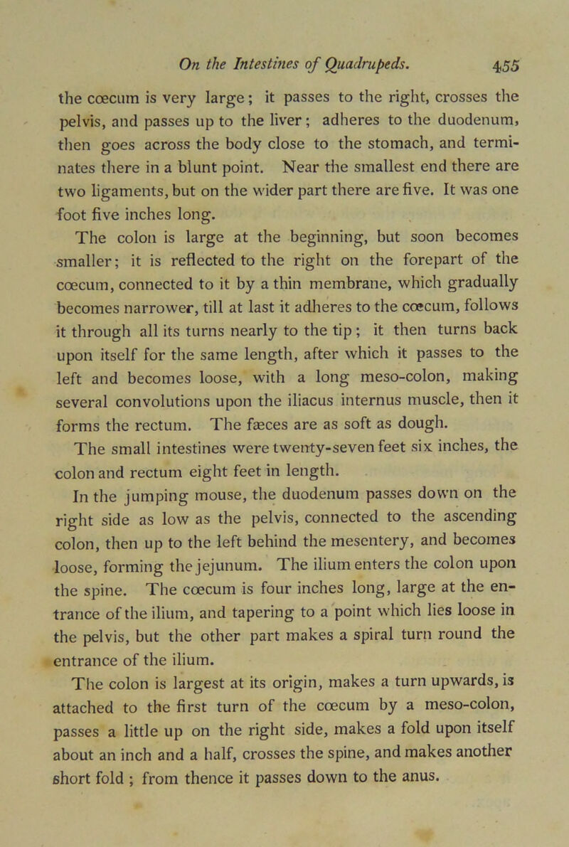 the coecum is very large; it passes to the right, crosses the pelvis, and passes up to the liver; adheres to the duodenum, then goes across the body close to the stomach, and termi- nates there in a blunt point. Near the smallest end there are two ligaments, but on the wider part there are five. It was one foot five inches long. The colon is large at the beginning, but soon becomes smaller; it is reflected to the right on the forepart of the coecum, connected to it by a thin membrane, which gradually becomes narrower, till at last it adheres to the coecum, follows it through all its turns nearly to the tip ; it then turns back upon itself for the same length, after which it passes to the left and becomes loose, with a long meso-colon, making several convolutions upon the iliacus internus muscle, then it forms the rectum. The feces are as soft as dough. The small intestines were twenty-seven feet six inches, the colon and rectum eight feet in length. In the jumping mouse, the duodenum passes down on the right side as low as the pelvis, connected to the ascending colon, then up to the left behind the mesentery, and becomes loose, forming the jejunum. The ilium enters the colon upon the spine. The coecum is four inches long, large at the en- trance of the ilium, and tapering to a point which lies loose in the pelvis, but the other part makes a spiral turn round the entrance of the ilium. The colon is largest at its origin, makes a turn upwards, is attached to the first turn of the coecum by a meso-colon, passes a little up on the right side, makes a fold upon itself about an inch and a half, crosses the spine, and makes another short fold ; from thence it passes down to the anus.