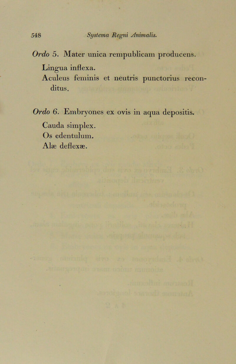 Or do 5. Mater unica rempublicam producens. Lingua inflexa. Aculeus f'eminis et neutris punctorius recon- ditus. Ordo 6. Embryones ex ovis in aqua depositis. Cauda simplex. Os edentulum. Alae deflexae.