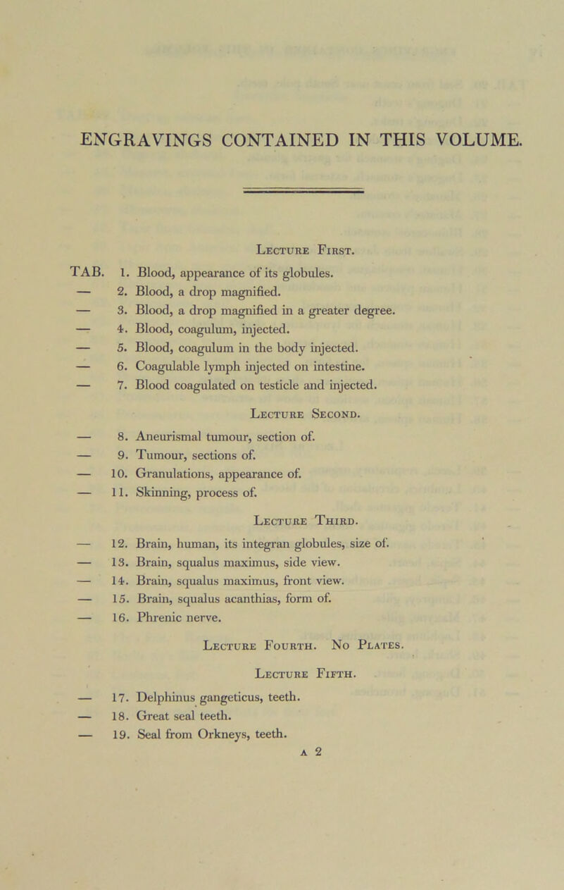 ENGRAVINGS CONTAINED IN THIS VOLUME. TAB. 1. — 2. — 3. — 4,. — 5. — 6. — 7. — 8. — 9. — 10. — 11. — 12. — 13. — 14. — 15. — 16. — 17. — 18. — 19. Lecture First. Blood, appearance of its globides. Blood, a drop magnified. Blood, a drop magnified in a greater degree. Blood, coagulum, injected. Blood, coagulum in the body injected. Coagulable lymph injected on intestine. Blood coagulated on testicle and injected. Lecture Second. Aneurismal tumour, section of. Tumour, sections of. Granulations, appearance of. Skinning, process of. Lecture Third. Brain, human, its integran globules, size of. Brain, squalus maximus, side view. Bram, squalus maximus, front view. Brain, squalus acanthias, form of. Phrenic nerve. Lecture Fourth. No Plates. Lecture Fifth. Delphinus gangeticus, teeth. Great seal teeth. Seal from Orkneys, teeth.