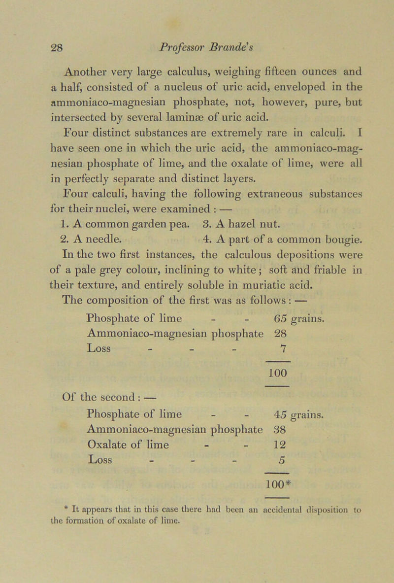 Another very large calculus, weighing fifteen ounces and a half, consisted of a nucleus of uric acid, enveloped in the ammoniaco-magnesian phosphate, not, however, pure, but intersected by several laminae of uric acid. Four distinct substances are extremely rare in calculi. I have seen one in which the uric acid, the ammoniaco-mag- nesian phosphate of lime, and the oxalate of lime, were all in perfectly separate and distinct layers. Four calculi, having the following extraneous substances for their nuclei, were examined : — 1. A common garden pea. 3. A hazel nut. 2. A needle. 4. A part of a common bougie. In the two first instances, the calculous depositions were of a pale grey colour, inclining to white; soft and friable in their texture, and entirely soluble in muriatic acid. The composition of the first was as follows: — Phosphate of lime - - 65 grains. Ammoniaco-magnesian phosphate 28 Loss - 7 100 Of the second : — Phosphate of lime - - 45 grains. Ammoniaco-magnesian phosphate 38 Oxalate of lime - - 12 Loss - 5 100* * It appears that in this case there had been an accidental disposition to the formation of oxalate of lime.