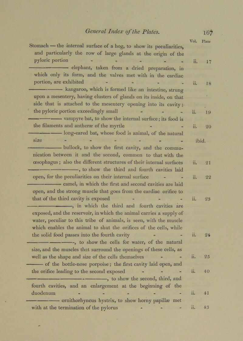 Vol. Stomach — the anternal surface of a hog, to show its peculiarities, and particularly the row of large glands at the origin of the pyloric portion - - _ _ elephant, taken from a dried preparation, in which only its form, and the valves met with in the cardiac portion, are exhibited - - . _ kangaroo, which is formed like an intestine, strung upon a mesentery, having clusters of glands on its inside, on that side that is attached to the mesentery opening into its cavity ;• the pyloric portion exceedingly small _ _ _ vampyre bat, to show the internal surface; its food is the filaments and antherae of the myrtle long-eared bat, whose food is animal, of the natural size - - - . _ _ bullock, to show the first cavity, and the commu- nication between it and the second, common to that with the oesophagus ; also the different structures of their internal surfaces , to show the third and fourth cavities laid open, for the peculiarities on their internal surface camel, in which the first and second cavities are laid open, and the strong muscle that goes from the cardiac orifice to that of the third cavity is exposed - - - , in which the third and fourth cavities are exposed, and the reservoir, in which the animal carries a supply of water, peculiar to this tribe of animals, is seen, with the muscle which enables the animal to shut the orifices of the cells, while the solid food passes into the fourth cavity , to show the cells for water, of the natural size, and the muscles that surround the openings of these cells, as well as the shape and size of the cells themselves of the bottle-nose porpoise; the first cavity laid open, and the orifice leading to the second exposed _ . - , to show the second, third, and fourth cavities, and an enlargement at the beginning of the duodenum ..... ornithorhyncus hystrix, to show horny papillte met with at the termination of the pylorus ... Plate ii. 17 ii. 18 ii. 19 ii. 20 ibid. ii. 21 ii. 22 ii. 23 ii. 24 ii. 25 ii. 40 ii. 41 ii. 43