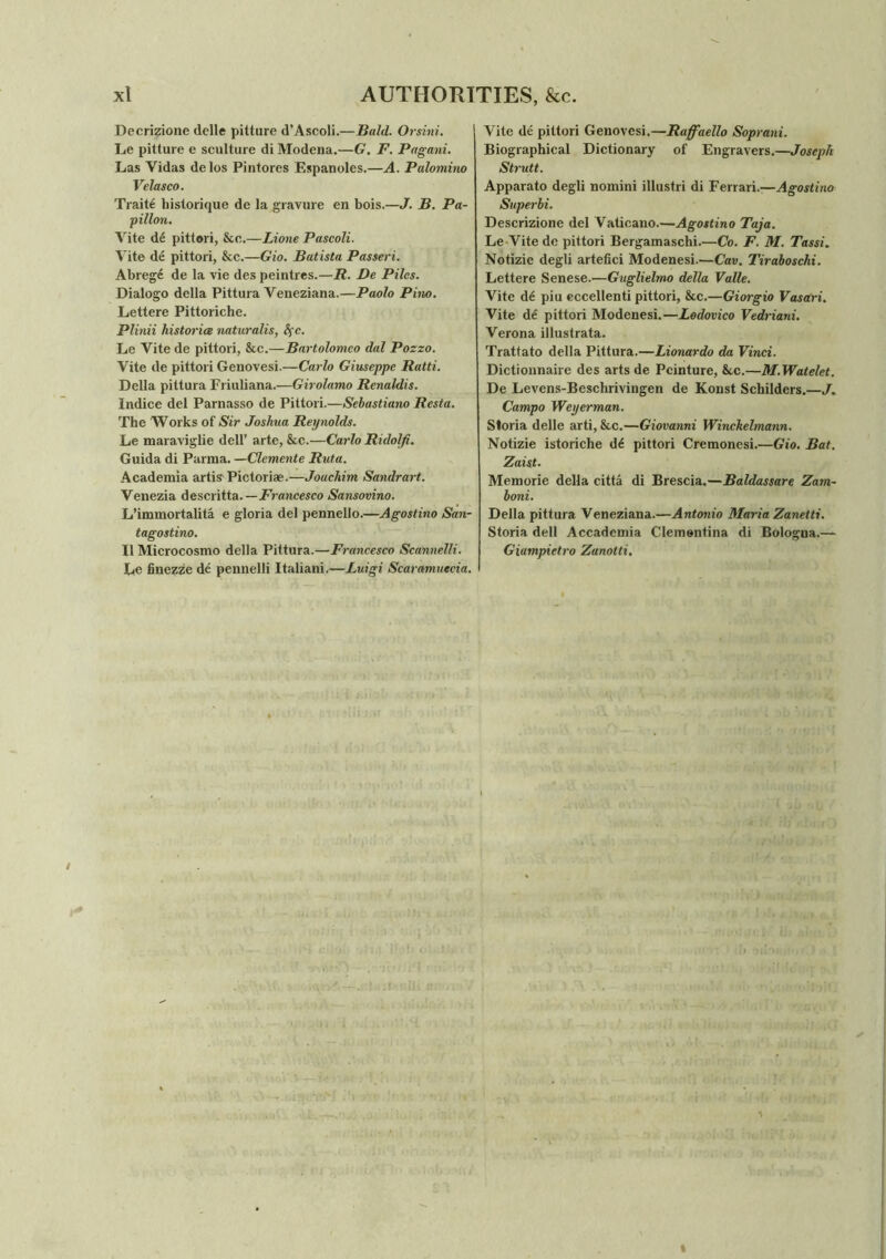 Decrizione delle pitture d’Ascoli.—Bald. Orsini. Le pitture e sculture di Modena.—G. F. Pngani. Las Vidas delos Pintores Espanoles.—A. Palomino Velasco. Traite liistorique de la gravure en bois.—J. B. Pa- vilion. Vite d£ pittori, &c.—Lione Pascoli. Vite de pittori, &c.—Gio. Batista Passeri. Abrege de la vie des peintres.—R. De Piles. Dialogo della Pittura Veneziana.—Paolo Pino. Lettere Pittoriche. Plinii histories naturalis, fyc. Le Vite de pittori, &c.—Bartolomeo dal Poszo. Vite de pittori Genovesi.—Carlo Giuseppe Ratti. Della pittura Friuliana.—Girolamo Renaldis. Indice del Parnasso de Pittori.—Sebastiano Resta. The Works of Sir Joshua Reynolds. Le maraviglie dell’ arte, 8cc.—Carlo Ridolfi. Guida di Parma. —Clemente Ruta. Academia artis- Pictoriae.—Joachim Sandrart. Venezia descritta. —Francesco Sansovino. L’immortalita e gloria del pennello.—Agostino San- tagostino. II Microcosmo della Pittura.—Francesco Scannelli. Le finezze de pennelli Italiani.—Luigi Scaramuecia. Vite de pittori Genovesi.—Raffaello Soprani. Biographical Dictionary of Engravers.—Joseph Strutt. Apparato degli nomini illustri di Ferrari.—Agostino Superbi. Descrizione del Vaticano.—Agostino Taja. Le Vite de pittori Bergamaschi.—Co. F. M. Tassi. Notizie degli artefici Modenesi.—Cav. Tiraboschi. Lettere Senese.—Guglielmo della Valle. Vite de piu eccellenti pittori, &c.—Giorgio Vasari. Vite de pittori Modenesi.—Lodovico Vedriani. Verona illustrata. Trattato della Pittura.—Lionardo da Vinci. Dictionnaire des arts de Pcinture, See.—M.Watelet. De Levens-Beschrivingen de Konst Schilders.—J. Campo Weyerman. Storia delle arti, &c.—Giovanni Winckelmann. Notizie istoriche de pittori Cremonesi.—Gio. Bat. Zaist. Memorie della citta di Brescia.—Baldassare Zam- boni. Della pittura Veneziana.—Antonio Maria Zanetti. Storia dell Accademia Clementina di Bologna.— Giampietro Zanotti, / I