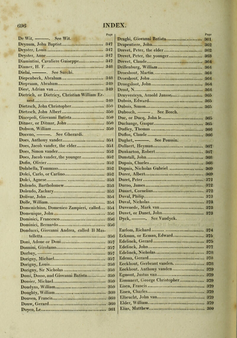 De Wit, . See Wit. Deynum, John Baptist Deyster, Louis Deyster, Anne . Diamintini, Cavaliere Guiseppe Diamer, H. F Dielai, . See Surchi. Diepenbeck, Abraham Diepraam, Abraham . Diest, Adrian van..., Dietrich, or Dietricy, Christian William Er- nest Dietzsch, John Christopher Dietzsch, John Albert Discepoli, Giovanni Batista Ditmer, or Ditmar, John Dobson, William Doceno, — . See Gherardi. Does, Anthony vander Does, Jacob vander, the elder Does, Simon vander Does, Jacob vander, the younger Dofin, Olivier Dolabella, Tommaso Dolci, Carlo, or Carlino Dolci, Agnese Dolendo, Bartholomew Dolendo, Zachary Dolivar, John Dolle, William Domenichino, Domenico Zampieri, called... Domenique, John Dominici, Francesco Dominici, Bernardo Donducci, Giovanni Andrea, called II Mas- telletta Doni, Adone or Doni Donnini, Girolamo Dorbay, Dorigny, Michael Dorigny, Louis Dorigny, Sir Nicholas Dossi, Dosso, and Giovanni Batista..... Dossier, Michael Doudyns, William Doughty, William Douven, Francis Douw, Gerard Doyen, Le Page Draghi, Giovanni Batista 361 Drapentiere, John.. 362 Drevet, Peter, the elder 362 Drevet, Peter, the younger 363 Drevet, Claude 364 Drillenburg, William 364 Droeshout, Martin 364 Droeshout, John 364 Droogsloot, John 364 Drost, N 364 Druyvesteyn, Arnold Jansse 365 Dubois, Edward 365 Dubois, Simon 365 Dubosch, . See Bosch. Due, or Ducq, John le 365 Duchange, Gaspar 365 Dudley, Thomas 366 Duflos, Claude 366 Dughet, . See Poussin. Dullaert, Heyman 367 Dunkarton, Robert 367 Dunstall, John 368 Dupuis, Charles 368 Dupuis, Nicholas Gabriel 369 Durer, Albert 369 Duret, Peter 372 Durno, James. 372 Dusart, Cornelius 372 Duval, Philip 373 Duval, Nicholas. 373 Duvenede, Mark van 373 Duvet, or Danet, John 373 Dyck, . See Vandyck. Earlom, Richard 374 Eckman, or Ecman, Edward 375 Edelinck, Gerard 375 Edelinck, John 377 Edelinck, Nicholas 378 Edema, Gerard 378 Eeckhout, Gerbrant vanden 378 Eeckhout, Anthony vanden 379 Egmont, Justus van 379 Eimraaert, George Christopher 379 Eisen, Francis 379 Eisen, Charles 379 Elbrucht, John van 379 Elder, William 379 Elias, Matthew 380 Page 347 347 347 347 348 348 349 349 349 350 350 350 350 350 351 351 352 352 352 352 352 353 353 353 354 354 354 356 356 356 356 357 357 357 357 358 358 359 , 359 . 359 . 360 . 360 . 360 . 361