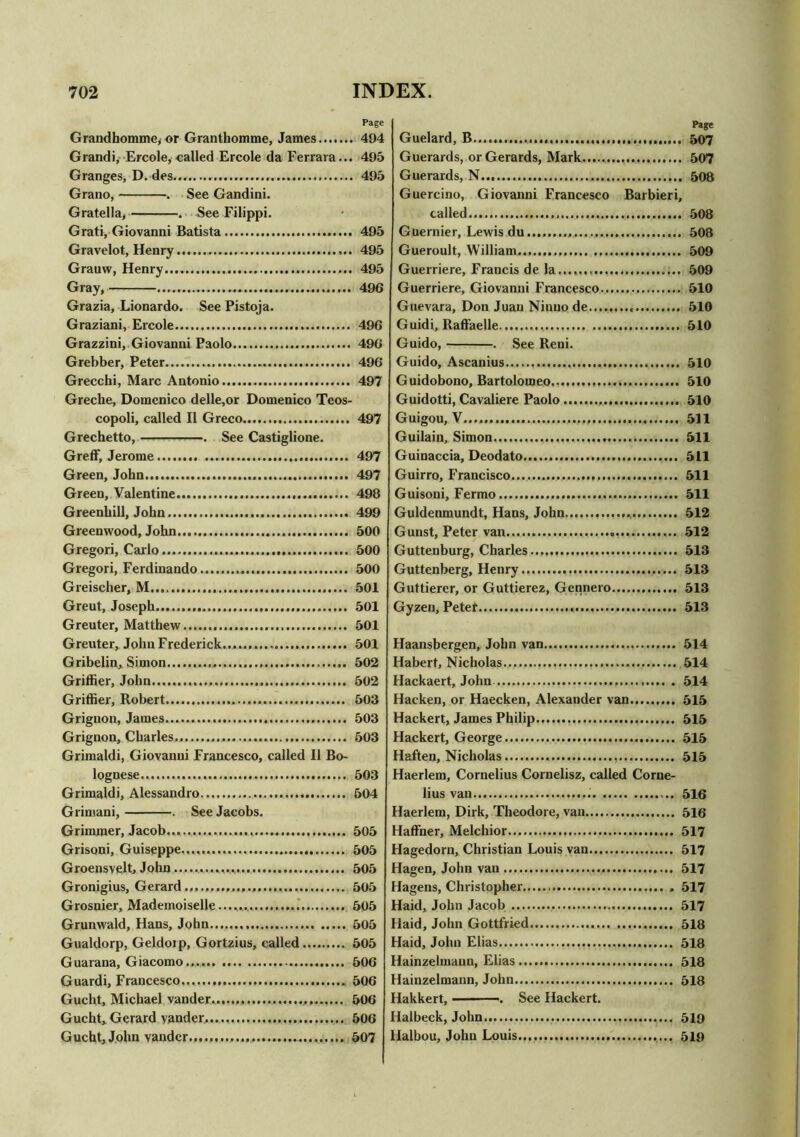 Grandhomme, or Granthomme, James Grandi, Ercole, called Ercole da Ferrara.. Granges, D. des Grano, . See Gandini. Gratella, . See Filippi. Grati, Giovanni Batista Gravelot, Henry...... Grauw, Henry Gray, ... Grazia, Lionardo. See Pistoja. Graziani, Ercole Grazzini, Giovanni Paolo Grebber, Peter Grecchi, Marc Antonio Greche, Domenico delle.or Domenico Teos copoli, called II Greco Grechetto, . See Castiglione. Greff, Jerome Green, John Green, Valentine Greenhill, John Greenwood, John Gregori, Carlo Gregori, Ferdinando Greischer, M... Greut, Joseph Greuter, Matthew Greuter, John Frederick Gribelin, Simon Griffier, John Grither, Robert Grignon, James Grignon, Charles Grimaldi, Giovanni Francesco, called II Bo- lognese Grimaldi, Alessandro Grimani, . See Jacobs. Grimmer, Jacob... Grisoni, Guiseppe... Groensvelt, John Gronigius, Gerard Grosnier, Mademoiselle Grunwald, Hans, John Gualdorp, Geldorp, Gortzius, called Guarana, Giacomo Guardi, Francesco Gucht, Michael vander. Gucht, Gerard vander Gucht, John vander Page Guelard, B..... 507 Guerards, or Gerards, Mark 507 Guerards, N... 508 Guercino, Giovanni Francesco Barbieri, called..... 508 Guernier, Lewis du 508 Gueroult, William 509 Guerriere, Francis de la..., 509 Guerriere, Giovanni Francesco 510 Guevara, Don Juan Niuuo de 510 Guidi, Raffaelle 510 Guido, . See Reni. Guido, Ascanius 510 Guidobono, Bartolomeo 510 Guidotti, Cavaliere Paolo 510 Guigou, V 511 Guilain, Simon 511 Guinaccia, Deodato 511 Guirro, Francisco 511 Guisoni, Fermo 511 Guldenmundt, Hans, John 512 Gunst, Peter van 512 Guttenburg, Charles 513 Guttenberg, Henry 513 Guttierer, or Guttierez, Gennero 513 Gyzeu, Peter 513 Haansbergen, John van 514 Hubert, Nicholas 514 Hackaert, John 514 Hacken, or Haecken, Alexander van 515 Hackert, James Philip 515 Hackert, George 515 Haften, Nicholas 515 Haerlem, Cornelius Cornelisz, called Corne- lius van 516 Haerlem, Dirk, Theodore, van 516 Haffner, Melchior 517 Hagedorn, Christian Louis van 517 Hagen, John van 517 Hagens, Christopher . 517 Haid, John Jacob 517 Ilaid, John Gottfried 518 Haid, John Elias 518 Hainzelmaun, Elias 518 Hainzelmann, John 518 Hakkert, . See Hackert. Halbeck, John 519 Halbou, John Louis 519 Page .. 494 .. 495 .. 495 .. 495 ,. 495 .. 495 . 496 . 496 . 496 . 496 . 497 . 497 . 497 . 497 . 498 . 499 . 500 . 500 . 500 . 501 . 501 . 501 . 501 , 502 , 502 503 , 503 , 503 . 503 504 505 505 505 505 505 505 505 506 506 506 506 507