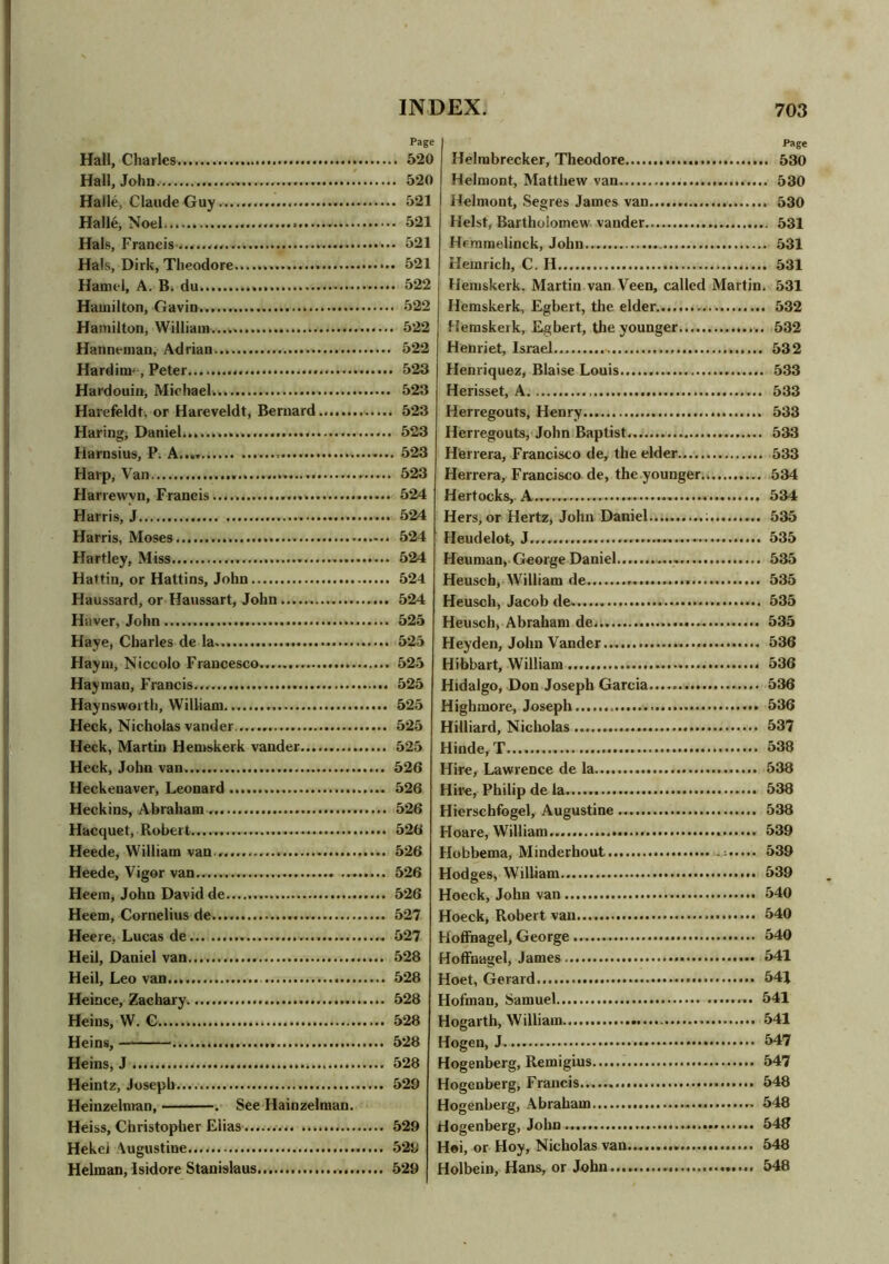 Hall, Charles Hall, John Halle, Claude Guy Halle, Noel Hals, Francis Hals, Dirk, Theodore..... Hamel, A. B. du... Hamilton, Gavin Hamilton, William..... Hanneman, Adrian Hardinr, Peter.... Hardouin, Michael Harefeldt. or Hareveldt, Bernard Haring, Daniel Harnsius, P. A Harp, Van Harrewvn, Francis Harris, J Harris, Moses Hartley, Miss Hattin, or Hattins, John Haussard, or Haussart, John Haver, John Haye, Charles de la Haym, Niccolo Francesco Haymau, Francis Haynsworth, William Heck, Nicholas vander Heck, Martin Hemskerk vander Heck, John van Heckenaver, Leonard Heckins, Abraham. Hacquet, Robert Heede, William van., Heede, Vigor van...... Heem, John David de Heem, Cornelius de Heere, Lucas de Heil, Daniel van Heil, Leo van Heince, Zachary Heins, W. C Heins, Heins, J Heintz, Joseph..... Heinzelnian, . See Hainzelman. Heiss, Christopher Elias Hekei Augustine Helman, Isidore Stanislaus Page Helmbrecker, Theodore 530 Helmont, Matthew van 530 Helmont, Segres James van 530 Heist, Bartholomew vander 531 Hrmmelinck, John 531 Hemrich, C. H 531 Hemskerk. Martin van Veen, called Martin. 531 Hemskerk, Egbert, the elder 532 Hemskerk, Egbert, the younger 532 Henriet, Israel 532 Henriquez, Blaise Louis 533 Herisset, A 533 Herregouts, Henry 533 Herregouts, John Baptist 533 Herrera, Francisco de, the elder 533 Herrera, Francisco de, the younger 534 Hertocks, A..... 534 Hers, or Hertz, John Daniel 535 Heudelot, J 535 Heuman,. George Daniel 535 Heusch, William de 535 Heusch, Jacob de 535 Heusch, Abraham de 535 Heyden, John Vander 536 Hibbart, William 536 Hidalgo, Don Joseph Garcia..... 536 Highmore, Joseph 536 Hilliard, Nicholas 537 Hinde, T 538 Hire, Lawrence de la..... 538 Hire, Philip de la 538 Hierschfogel, Augustine 538 Hoare, William.. 539 Hobbema, Minderbout 539 Hodges, William 539 Hoeck, John van 540 Hoeck, Robert van 540 Hoffnagel, George 540 Hoffnagel, James 541 Hoet, Gerard 541 Hofman, Samuel 541 Hogarth, William 541 Hogen, J 547 Hogenberg, Remigius 547 Hogenberg, Francis.. 548 Hogenberg, Abraham 548 Hogenberg, John 548 Hoi, or Hoy, Nicholas van 548 Holbein, Hans, or John 548 Page .. 520 . 520 . 521 . 521 . 521 . 521 . 522 . 522 . 522 522 . 523 523 . 523 , 523 . 523 523 524 524 524 524 524 524 525 525 525 525 525 525 525 526 526 526 526 526 526 526 527 527 528 528 528 528 528 528 529 529 529 529