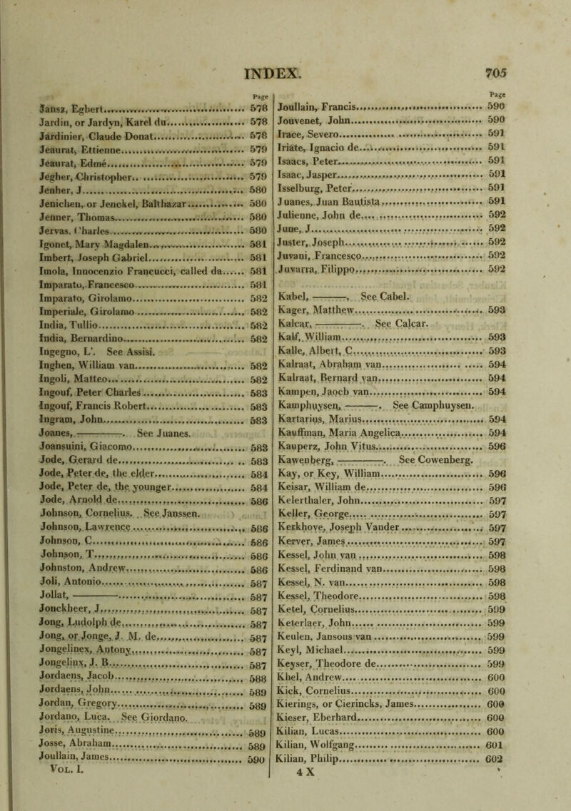 Jansz, Egbert Jardin, or Jardyn, Karel du Jardinier, Claude Donat Jeaurat, Ettienne Jeaurat, Edme .... Jegher, Christopher.. Jenher, J Jenichen, or Jenckei, Balthazar Jenner, Thomas Jervas, <’harles . Tgonet, Mary Magdalen... Imbert, Joseph Gabriel Imola, Inuocenzio Francucci, called da Imparato, Francesco Imparato, Girolamo Imperiale, Girolamo India, Tullio India, Bernardino... Ingegno, L’. See Assisi. Inghen, William van Ingoli, Matteo Ingouf, Peter Charles Ingouf, Francis Robert Ingram, John Joanes, . See Juanes. Joansuini, Giacomo Jode, Gerard de Jode, Peter de, the elder Jode, Peter de, the younger... Jode, Arnold de... Johnson, Cornelius. See Janssen. Johnson, Lawrence Johnson, C . ........ Johnson, T.. Johnston, Andrew...,,,,......,. Joli, Antonio Jollat, Jonckheer, J.... Jong, Rudolph de... Jong, or Jonge, J. M- de, Jongelinex, Antony.,, Jongelinx, J. B... Jordaens, Jacob Jordaens, John Jordan, Gregory Jordano, Luca. See Giordano. Joris, Augustine.. Josse, Abraham Joullain, James Vol. I. Page Joullain, Francis 590 Jouvenet, John 590 Irace, Severn 591 Iriate, Ignacio de... 591 Isaacs, Peter- 591 Isaac,Jasper*—,, 591 Isselburg, Peter......,., 591 Juanes, Juan Bautista,,.,..,••• 591 Julienne, John de.,.., 592 June, J... 592 Juster, Joseph...t 592 Juvani, FrancesQQ.,,, 592 Juvana, Filippo, 592 Kabel, , See Cabel. Kager, Matthew..,,... «• 593 Kalcar, ; . See Calcar. Kail',.William 593 Kalle, Albert, C, 593 Kalraat, Abraham van., 594 Kalraat, Bernard van... 594 Kampen, Jaocb van 594 Kamphnysep, . See Camphuysen. Kartarius, Marius.,...,,...,,...., 594 Kauffman, Maria Angelica.,.,..,..,,.... 594 Kauperz, John Vitus 596 Kawenberg, . See Cowenberg. Kay, or Key, William 596 Keisar, William de,, 596 Kelerthaler, John 597 Keller, George,.... 597 Kerkhove, Joseph Vander.... 597 Kerver, James.......................... 597 Kessel, John van 598 Kessel, Ferdinand van 598 Kessel, N. van 598 Kessel, Theodore 598 Ketel, Cornelius 599 Keterlaer, John... 599 Keulen, Jansous van 599 Keyl, Michael... 599 Keyser, Theodore de 599 Khel, Andrew.... 600 Kick, Cornelius 600 Kierings, or Cierincks, James 600 Kieser, Eberhard 600 Kilian, Lucas 600 Kilian, Wolfgang 601 Kilian, Philip 602 4 X Page 578 578 578 579 579 579 580 580 580 580 581 581 581 581 582 582 582 582 582 582 583 583 583 583 583 584 584 586 586 586 686 586 587 587 587 587 587 587 587 588 589 589 589 589 590
