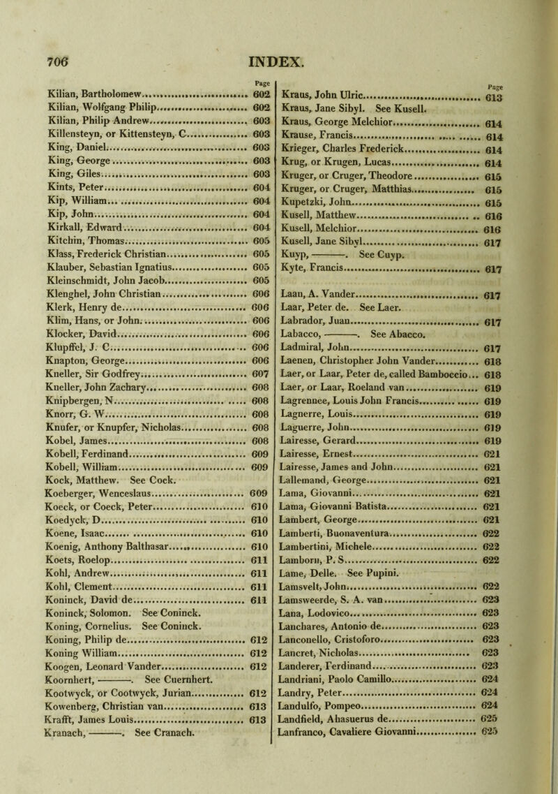 Kilian, Bartholomew Kilian, Wolfgang Philip Kilian, Philip Andrew...... Killensteyn, or Kittensteyn, C King, Daniel King, George King, Giles Kints, Peter Kip, William Kip, John Kirkall, Edward... Kitchin, Thomas. Klass, Frederick Christian Klauber, Sebastian Ignatius Kleinschmidt, John Jacob Klenghel, John Christian Klerk, Henry de Klim, Hans, or John Klocker, David Klupffcl, J. C Knapton, George Kneller, Sir Godfrey Kueller, John Zachary Knipbergen, N.. Knorr, G. W Knufer, or Knupfer, Nicholas Kobel, James Kobell, Ferdinand Kobell, William Kock, Matthew. See Cock. Koeberger, Wenceslaus Koeck, or Coeck, Peter Koedyck, D Koene, Isaac Koenig, Anthony Balthasar Koets, Roelop Kohl, Andrew Kohl, Clement Koninck, David de Koninck, Solomon. See Coninck. Koning, Cornelius. See Coninck. Koning, Philip de. Koning William Koogen, Leonard Vander Koornhert, . See Cuernhert. Kootwyck, or Cootwyck, Jurian Kowenberg, Christian van Krafft, James Louis Kranach, . See Cranach. Kraus, John Ulric qijj Kraus, Jane Sibyl. See Kusell. Kraus, George Melchior 614 Krause, Francis 614 Krieger, Charles Frederick 614 Krug, or Krugen, Lucas 614 Kruger, or Cruger, Theodore 615 Kruger, or Cruger, Matthias 615 Kupetzki, John 615 Kusell, Matthew.... 616 Kusell, Melchior 616 Kusell, Jane Sibyl 617 Kuyp, . See Cuyp. Kyte, Francis 617 Laan, A. Vander... 617 Laar, Peter de. See Laer. Labrador, Juan 617 Labacco, . See Abacco. Ladmiral, John 617 Laenen, Christopher John Vander 618 Laer,or Laar, Peter de,called Bamboccio... 618 Laer, or Laar, Roeland van 619 Lagrennee, Louis John Francis 619 Lagnerre, Louis 619 Laguerre, John 619 Lairesse, Gerard 619 Lairesse, Ernest 621 Lairesse, James and John 621 Lallemand, George...., 621 Lama, Giovanni 621 Lama, Giovanni Batista 621 Lambert, George 621 Lamberti, Buonaventura 622 Lambertini, Michele 622 Lamboru, P. S 622 Lame, Delle. See Pupini. Lamsvelt, John 622 Lamsweerde, S. A. van 623 Lana, Lodovico 623 Lanchares, Antonio de 623 Lanconello, Cristoforo 623 Lancret, Nicholas 623 Landerer, Ferdinand 623 Landriani, Paolo Camillo 624 Landry, Peter 624 Landulfo, Pompeo 624 Landfield, Ahasuerus de 625 Lanfranco, Cavaliere Giovanni 625 Page 602 602 603 603 603 603 603 604 604 604 604 605 605 605 605 606 606 606 606 606 606 607 608 608 608 608 608 609 609 609 610 610 610 610 611 611 611 611 612 612 612 612 613 613 I