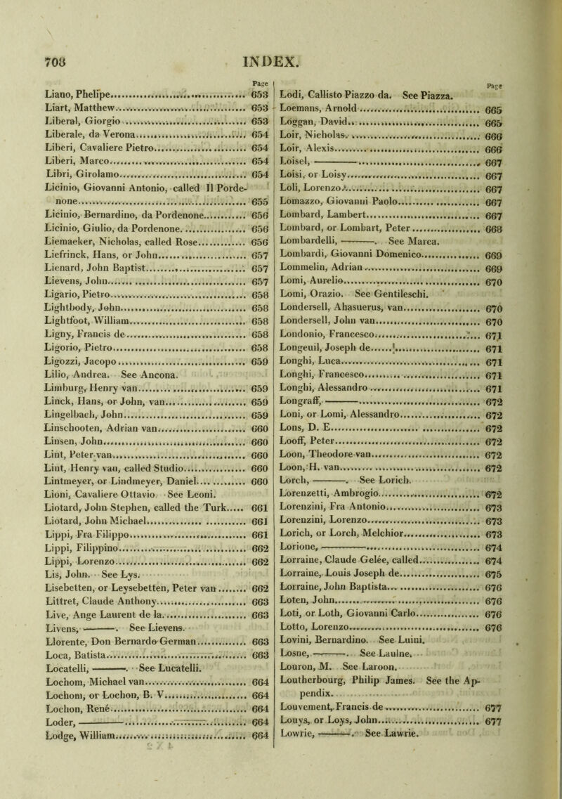 Liano, Phelipe Liart, Matthew. Liberal, Giorgio ............. Liberale, da Verona.. Liberi, Cavaliere Pietro Liberi, Marco Libri, Girolamo Licinio, Giovanni Antonio, called II Porde- none Licinio, Bernardino, da Pordenone Licinio, Giulio, da Pordenone Liemaeker, Nicholas, called Rose Liefrinck, Hans, or John Lienard, John Baptist '. Lievens, John Ligario, Pietro...... Lightbody, John Lightfoot, William.. Ligny, Francis de Ligorio, Pietro Ligozzi, Jacopo Lilio, Andrea. See Ancona. Limburg, Henry van.... Linck, Hans, or John, van Lingelbacli, John Linschooten, Adrian van Linsen, John..,..,...., Lint, Peter van Lint, Henry van, called Studio.... Lintmeyer, or Lindineyer, Daniel Lioni, Cavaliere Ottavio See Leoni. Liotard, John Stephen, called the Turk Liotard, John Michael... Lippi, Fra Filippo Lippi, Filippino Lippi, Lorenzo Lis, John. See Lys. Lisebetten, or Leysebetten, Peter van Littret, Claude Anthony..... Live, Ange Laurent de la Livens,- See Lievens. Llorente, Don Bernardo German Loca, Batista. ....r. Locatelli, See Lucatelli. Lochom, Michael van Lochom, or Lochon, B. V.,... Lochon, Rene Loder, Lodge, William.......... Page Lodi, Callisto Piazzo da. See Piazza. Loemans, Arnold 665 Loggan, David.. 665 Loir, Nicholas. 666 Loir, Alexis 666 Loisel, 667 Loisi, or Loisy. 667 Loli, Lorenzo A 667 Lomazzo, Giovanni Paolo 667 Lombard, Lambert 667 Lombard, or Lombart, Peter 668 Lombardelli, — . See Marca. Lombardi, Giovanni Domenico 669 Lommelin, Adrian 669 Lomi, Aurelio..., 670 Lomi, Orazio. See Gentileschi. Londersell, Ahasuerus, van 670 Londersell, John van 670 Londonio, Francesco. 671 Longeuil, Joseph de J 671 Longhi, Luca 671 Longhi, Francesco 671 Longhi, Alessandro 671 Longraff, 672 Loni, or Lomi, Alessandro 672 Lons, D. E 672 Looff, Peter 672 Loon, Theodore van 672 Loon, H. van...... 672 Lorcli, . See Loricb. Lorenzetti, Ambrogio 672 Lorenzini, Fra Antonio 673 Lorenzini, Lorenzo... 673 Lorich, or Lorch, Melchior 673 Lorione, 674 Lorraine, Claude Gelee, called 674 Lorraine, Louis Joseph de 675 Lorraine, John Baptista 676 Loten, John 676 Loti, or Loth, Giovanni Carlo 676 Lotto, Lorenzo.......... 676 Lovini, Bernardino. See Luiui. Losne, —. See Laulne. Louron, M. See Laroon. Loutherbourg, Philip James. See the Ap- pendix. . Louvement,.Francis de 677 Louys, or Loys, John... 677 Lowrie, —. See Lawrie. Page 653 653 653 654 654 654 654 655 656 656 656 657 657 657 658 658 658 658 658 659 659 659 659 660 660 660 660 660 661 661 661 662 662 662 663 663 663 663 664 664 664 664 664