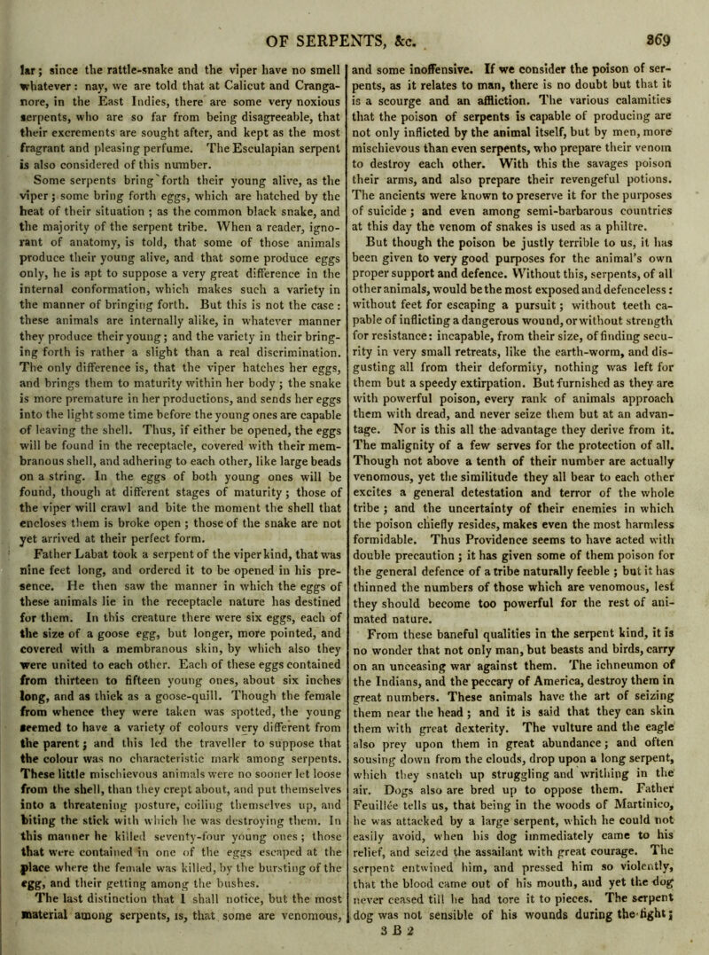 lar ; since the rattle-snake and the viper have no smell whatever : nay, we are told that at Calicut and Cranga- rore, in the East Indies, there are some very noxious serpents, who are so far from being disagreeable, that their excrements are sought after, and kept as the most fragrant and pleasing perfume. The Esculapian serpent is also considered of this number. Some serpents bring'forth their young alive, as the viper ; some bring forth eggs, which are hatched by the heat of their situation ; as the common black snake, and the majority of the serpent tribe. When a reader, igno- rant of anatomy, is told, that some of those animals produce their young alive, and that some produce eggs only, he is apt to suppose a very great difference in the internal conformation, which makes such a variety in the manner of bringing forth. But this is not the case : these animals are internally alike, in whatever manner they produce their young; and the variety in their bring- ing forth is rather a slight than a real discrimination. The only difference is, that the viper hatches her eggs, and brings them to maturity within her body ; the snake is more premature in her productions, and sends her eggs into the light some time before the young ones are capable of leaving the shell. Thus, if either be opened, the eggs will be found in the receptacle, covered with their mem- branous shell, and adhering to each other, like large beads on a string. In the eggs of both young ones will be found, though at different stages of maturity ; those of the viper will crawl and bite the moment the shell that encloses them is broke open ; those of the snake are not yet arrived at their perfect form. Father Labat took a serpent of the viper kind, that was nine feet long, and ordered it to be opened in his pre- sence. He then saw the manner in which the eggs of these animals lie in the receptacle nature has destined for them. In this creature there were six eggs, each of the size of a goose egg, but longer, more pointed, and covered with a membranous skin, by which also they were united to each other. Each of these eggs contained from thirteen to fifteen young ones, about six inches long, and as thick as a goose-quill. Though the female from whence they were taken was spotted, the young teemed to have a variety of colours very different from the parent j and this led the traveller to suppose that the colour was no characteristic mark among serpents. These little mischievous animals were no sooner let loose from the shell, than they crept about, and put themselves into a threatening posture, coiling themselves up, and biting the stick with which he was destroying them. In this manner he killed seventy-four young ones ; those that were contained in one of the eggs escaped at the place where the female was killed, by the bursting of the egg, and their getting among the bushes. The last distinction that 1 shall notice, but the most material among serpents, is, that some are venomous, and some inoffensive. If we consider the poison of ser- pents, as it relates to man, there is no doubt but that it is a scourge and an affliction. The various calamities that the poison of serpents is capable of producing are not only inflicted by the animal itself, but by men, more mischievous than even serpents, who prepare their venom to destroy each other. With this the savages poison their arms, and also prepare their revengeful potions. The ancients were known to preserve it for the purposes of suicide ; and even among semi-barbarous countries at this day the venom of snakes is used as a philtre. But though the poison be justly terrible to us, it lias been given to very good purposes for the animal’s own proper support and defence. Without this, serpents, of all other animals, would be the most exposed and defenceless : without feet for escaping a pursuit ; without teeth ca- pable of inflicting a dangerous wound, orwithout strength for resistance: incapable, from their size, of finding secu- rity in very small retreats, like the earth-worm, and dis- gusting all from their deformity, nothing was left for them but a speedy extirpation. But furnished as they are with powerful poison, every rank of animals approach them with dread, and never seize them but at an advan- tage. Nor is this all the advantage they derive from it. The malignity of a few serves for the protection of all. Though not above a tenth of their number are actually venomous, yet the similitude they all bear to each other excites a general detestation and terror of the whole tribe ; and the uncertainty of their enemies in which the poison chiefly resides, makes even the most harmless formidable. Thus Providence seems to have acted with double precaution ; it has given some of them poison for the general defence of a tribe naturally feeble ; but it has thinned the numbers of those which are venomous, lest they should become too powerful for the rest of ani- mated nature. From these baneful qualities in the serpent kind, it is no wonder that not only man, but beasts and birds, carry on an unceasing war against them. The ichneumon of the Indians, and the peccary of America, destroy them in great numbers. These animals have the art of seizing them near the head ; and it is said that they can skin them with great dexterity. The vulture and the eagle also prey upon them in great abundance ; and often sousing down from the clouds, drop upon a long serpent, which they snatch up struggling and writhing in the air. Dogs also are bred up to oppose them. Father Feuillte tells us, that being in the woods of Martinieo, he was attacked by a large serpent, which he could not easily avoid, when his dog immediately came to his relief, and seized the assailant with great courage. The serpent entwined him, and pressed him so violently, that the blood came out of his mouth, and yet the dog never ceased till he had tore it to pieces. The serpent dog was not sensible of his wounds during the-fight j 3 B 2