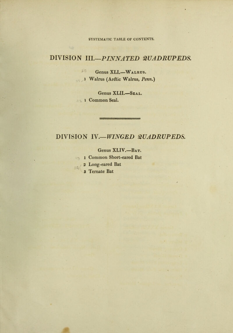 DIVISION III,—PINNATED QUADRUPEDS, ' Genus XLI.—Walrus, 1 Walrus (Ardic Walrus, Penn,) Genus XLII.—Seal. l Common Seal. DIVISION lY.—WINGED 2UADRVPEDS. Genus XLIV.—Bat. % 1 Common Short-eared Bat 2 Loner-eared Bat < 3 Ternate Bat