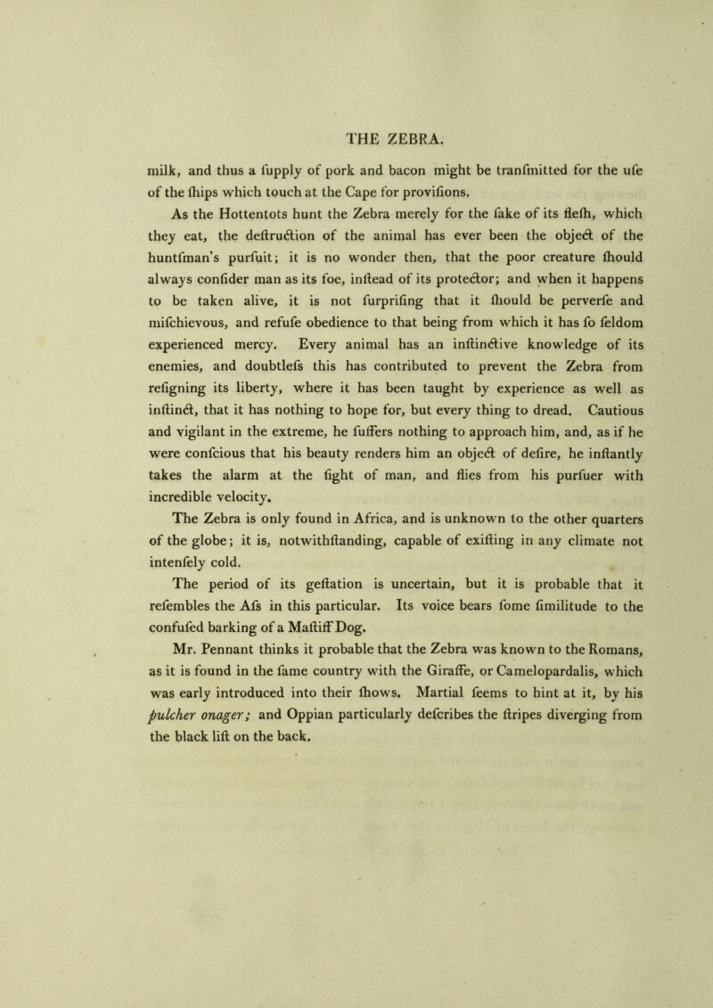 milk, and thus a fupply of pork and bacon might be tranfmitted for the ufe of the fhips which touch at the Cape for provifions. As the Hottentots hunt the Zebra merely for the fake of its flelh, which they eat, the deftrudtion of the animal has ever been the objed; of the huntfman’s purfuit; it is no wonder then, that the poor creature fhould always conlider man as its foe, inftead of its protedor; and when it happens to be taken alive, it is not furprifing that it iliould be perverfe and mifchievous, and refufe obedience to that being from which it has fo feldom experienced mercy. Every animal has an inftindive knowledge of its enemies, and doubtlefs this has contributed to prevent the Zebra from refigning its liberty, where it has been taught by experience as well as inftind, that it has nothing to hope for, but every thing to dread. Cautious and vigilant in the extreme, he fuffers nothing to approach him, and, as if he were confcious that his beauty renders him an objed of delire, he inftantly takes the alarm at the light of man, and flies from his purfuer with incredible velocity. The Zebra is only found in Africa, and is unknown to the other quarters of the globe; it is, notwithftanding, capable of exifting in any climate not intenfely cold. The period of its geftation is uncertain, but it is probable that it refembles the Afs in this particular. Its voice bears fome limilitude to the confufed barking of a MaflilFDog. Mr. Pennant thinks it probable that the Zebra was known to the Romans, as it is found in the fame country with the Girafle, or Camelopardalis, which was early introduced into their Ihows. Martial feems to hint at it, by his pulcher onager; and Oppian particularly defcribes the ftripes diverging from the black lift on the back.