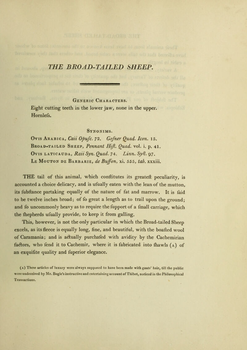 THE BROAD-TAILED SHEEP. Generic Characters. Eight cutting teeth in the lower jaw, none in the upper. Hornlefs. Synonims. Ovis Arabic A, Caii Opufc. 72. Gefner Quad. Icon. 15. Broad-tailed Sheep, Pennant Hijl. Quad. vol. i. p. 4I. Ovis laticauda, Raii Syn. Quad. 74. Linn. Syft, 97. Le Mouton de Barbarie, de Buffon, xi. 555, tab. xxxiii. THE tail of this animal, which conftitutes its greateft peculiarity, is accounted a choice delicacy, and is ufually eaten with the lean of the mutton, its fubftance partaking equally of the nature of fat and marrow. It is laid to be twelve inches broad; of fo great a length as to trail upon the ground; and fo uncommonly heavy as to require the fupport of a fmall carriage, which the Ihepherds ufually provide, to keep it from galling. This, however, is not the only particular in which the Broad-tailed Sheep excels, as its fleece is equally long, fine, and beautiful, with the boafted wool ofCaramania; and is actually purchafed with avidity by the Cachemirian fadlors, who fend it to Cachemir, where it is fabricated into fliawls (a) of an exquifite quality and fuperior elegance. (a) These articles of luxury were always supposed to have been made with goats’ hair, till the public were undeceived by Mr. Bogle’s instructive and entertaining account of Thibet, noticed in the Philosophical Transactions,
