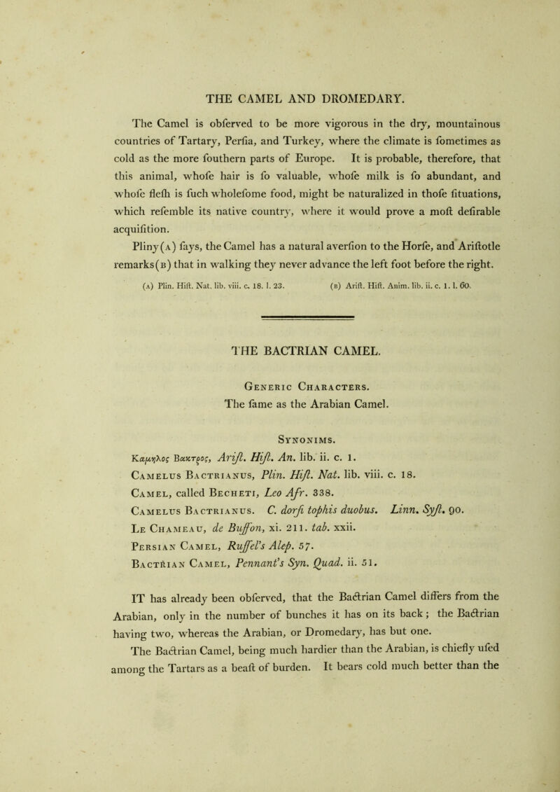 The Camel is obferved to be more vigorous in the dry, mountainous countries of Tartarj, Pertia, and Turkey, where the climate is fometimes as cold as the more fouthern parts of Europe. It is probable, therefore, that this animal, whofe hair is fo valuable, whole milk is fo abundant, and whofe flefh is fuch wholefome food, might be naturalized in thofe tituations, which refemble its native country, where it would prove a moll defirable acquilition. Pliny (a) fays, the Camel has a natural averlion to the Horle, and Arillotle remarks (b) that in walking they never advance the left foot before the right. (a) Plin. Hift. Nat. lib. viii. c, 18. 1. 23. (b) Arift. Hift. Anim. lib. ii. c. 1.1. 60. 1 HE BACTRIAN CAMEL. Generic Characters. The fame as the Arabian Camel. Synonims. Kaf^TjXog Bazr^og, Arijt. Hijl. An. lib. ii. C. 1. Camelus Bactrianus, Plin. Hifl. Nat. lib. viii. c. 18. Camel, called Becheti, Leo Afr. 338. Camelus Bactrianus. C. dorfi tophis duobus. Linn. Syjl, 90. Le Chameau, de Buffon, xi. 211. tab. xxii. Persian Camel, RuJfeVs Alep. 57. BactiIian Camel, Pennant’s Syn. Quad. ii. 51. IT has already been obferved, that the Badlrian Camel differs from the Arabian, only in the number of bunches it has on its back; the Badlrian having two, whereas the Arabian, or Dromedary, has but one. The Badrian Camel, being much hardier than the Arabian, is chiefly ufed among the Tartars as a beafl of burden. It bears cold much better than the