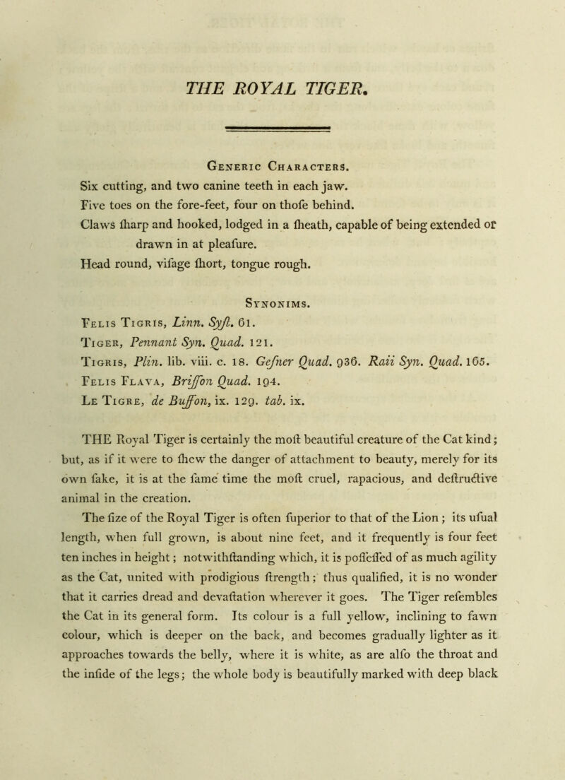 THE ROYAL TIGER. Generic Characters. Six cutting, and two canine teeth in each jaw. Five toes on the fore-feet, four on thofe behind. Claws fharp and hooked, lodged in a fheath, capable of being extended or drawn in at pleafure. Head round, vifage Ihort, tongue rough. Synonims. Felis Tigris, Linn. Syji. Ol. Tiger, Pennant Syn. Quad. 121. Tigris, Plin. lib. vih. c. 18. Gefner Quad. Q36. Raii Syn. Quad. l05. Felis Flava, Brijfon Quad. 1Q4. Le Tigre, de Buffon, ix. I2g. tab. ix. THE Royal Tiger is certainly the moll beautiful creature of the Cat kind; but, as if it were to fliew the danger of attachment to beauty, merely for its own fake, it is at the fame' time the mofl cruel, rapacious, and dellru(Rive animal in the creation. The fize of the Royal Tiger is often fuperior to that of the Lion ; its ufual length, when full grown, is about nine feet, and it frequently is four feet ten inches in height; notwithftanding which, it is pofleffed of as much agility as the Cat, united with prodigious Rrength; thus qualified, it is no wonder that it carries dread and devaftation wherever it goes. The Tiger refembles the Cat in its general form. Its colour is a full yellow, inclining to fawn colour, which is deeper on the back, and becomes gradually lighter as it approaches tow'ards the belly, where it is white, as are alfo the throat and the infide of the legs; the whole body is beautifully marked with deep black