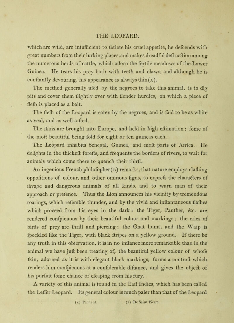 which are wild, are infufficient to fatiate his cruel appetite, he defcends with great numbers from their lurking places, and makes dreadful deftrucflion among the numerous herds of cattle, \\'hich adorn the fertile meadows of the Lower Guinea. He tears his prey both with teeth and claws, and although he is conRantly devouring, his appearance is always thin(A). The method generally ufed by the negroes to take this animal, is to dig pits and cover them Rightly over with Render hurdles, on which a piece of flefli is placed as a bait. The ReRi of the Leopard is eaten by the negroes, and is faid to be as white as veal, and as well tafted. The Rvins are brought into Europe, and held in high eRimation; fome of the moft beautiful being fold for eight or ten guineas each. The Leopard inhabits Senegal, Guinea, and moft parts of Africa. He delights in the thickeft forefts, and frequents the borders of rivers, to wait for animals which come there to quench their thirft. An ingenious French philofopher(B) remarks, that nature employs claRiing oppofttions of colour, and other ominous figns, to exprefs the characters of favage and dangerous animals of all kinds, and to warn man of their approach or prefence. Thus the Lion announces his vicinity by tremendous roarings, which refemble thunder, and by the vivid and inftantaneous RaRies which proceed from his eyes in the dark : the Tiger, Panther, &c. are rendered confpicuous by their beautiful colour and markings; the cries of birds of prey are Ririll and piercing; the Gnat hums, and the Wafp is fpeckled like the Tiger, with black ftripes on a yellow ground. If there be any truth in this obfervation, it is in no inftance more remarkable than in the animal we have juft been treating of, the beautiful yellow colour of whofe fkin, adorned as it is with elegant black markings, forms a contraft which renders him confpicuous at a conftderable diftance, and gives the objeCl of his purfuit fome chance of efcaping from his fury. A variety of this animal is found in the Eaft Indies, which has been called the Lefter Leopard. Its general colour is much paler than that of the Leopard (a) Pennant. (e) De Saint Pierre.