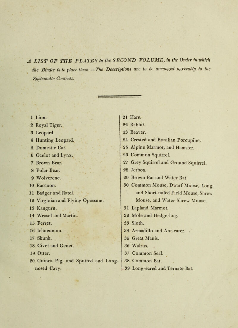 A LIST OF THE PLATES in the SECOND VOLUME, in the Order in-which the Binder is to -place them.—The Descriptions are to be arranged agreeably to the I Systematic Contents. 1 Lion. 2 Royal Tiger. 3 Leopard. 4 Hunting Leopard. 5 Domestic Cat. 6 Ocelot and Lynx. 7 Brown Bear, 8 Polar Bear. 9 Wolverene. 10 Raccoon. 11 Badger and Ratel. 12 Virginian and Flying Opossum. 13 Kanguru. 14 Weasel and Martin. 15 Ferret. 16 Ichneumon. 17 Skunk. 18 Civet and Genet. 19 Otter. 20 Guinea Pig^ and Spotted and Long- nosed Cavy. 21 Hare. 22 Rabbit. 23 Beaver. 24 Crested and Brasilian Porcupine. 25 Alpine Marmot^ and Hamster. 26 Common Squirrel. 27 Grey Squirrel and Ground Squirrel, 28 Jerboa. 29 Brown Rat and Water Rat. 30 Common Mouse, Dwarf Mouse, Long and Short-tailed Field Mouse, Shrew Mouse, and Water Shrew Mouse. 31 Lapland Marmot. 32 Mole and Hedge-hog. 33 Sloth. 34 Armadillo and Ant-eater. -' 35 Great Manis. 36 Walrus. 37 Common Seal. 38 Common Bat. 39 Long-eared and Ternate Bat.