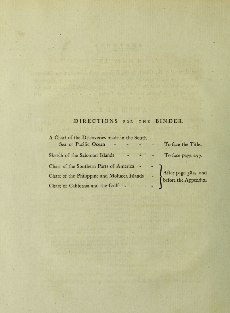 DIRECTIONS for the A Chart of the Discoveries made in the South Sea or Pacific Ocean - Sketch of the Salomon Islands Chart of the Southern Parts of America - Chart of the Philippine and Molucca Islands Chart of California and the Gulf - - - - BINDER. To face the Title. - To face page 277. - ‘ After page 382, and before the Appendix.