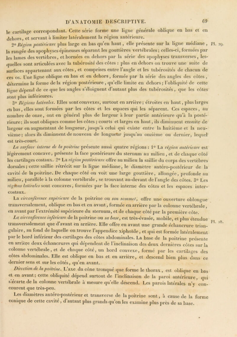 le cartilage correspondant. Cette série forme une ligne générale oblique en bas et en dehors, et servant à limiter latéralement la région antérieure. 20 Région postérieure plus large en bas qu’en haut, elle présente sur la ligne médiane , la rangée des apophyses épineuses séparant les gouttières vertébrales ; celles-ci, formées par les lames des vertèbres, et bornées en dehors par la série des apophyses transverses , les- quelles sont articulées avec la tubérosité des côtes : plus en dehors on trouve une suite de surfaces appartenant aux côtes , et comprises entre l’angle et les tubérosités de chacun de ces os. Une ligne oblique en bas et en dehors, formée par la série des angles des côtes , détermine la forme de la région postérieure , qu’elle limite en dehors ; l’obliquité de cette ligne dépend de ce que les angles s’éloignent d’autant plus des tubérosités , que les côtes sont plus inférieures. 30 Régio?îs latérales. Elles sont convexes, surtout en arrière; étroites en haut, plus larges en bas, elles sont formées par les côtes et les espaces qui les séparent. Ces espaces, au nombre de onze, ont en général plus de largeur à leur partie antérieure qu’a la posté- rieure; ils sont obliques comme les côtes ; courts et larges en haut, ils diminuent ensuite de largeur en augmentant de longueur, jusqu’à celui qui existe entre la huitième et la neu- vième; alors ils diminuent de nouveau de longueur jusqu’au onzième ou dernier, lequel est très-court. La surface interne de la poitrine présente aussi quatre régions : La région antérieure est légèrement concave, présente la face postérieure du sternum au milieu , et de chaque côté les cartilages costaux. 2° La région postérieure offre au milieu la saillie du corps des vertèbres dorsales ; cette saillie rétrécit sur la ligne médiane, le diamètre antéro-postérieur de la cavité de la poitrine. De chaque côté on voit une large gouttière, allongée, profonde au milieu, parallèle à la colonne vertébrale , se trouvant au-devant de l’angle des côtes. 3° Les régions latérales sont concaves, formées par la face interne des côtes et les espaces inter- costaux. La circonférence supérieure de la poitrine ou son sommet, offre une ouverture obloiiue transversalement, oblique en bas et en avant, formée en arrière par la colonne vertébrale, en avant par l’extrémité supérieure du sternum, et de chaque côté par la première côte. Lci circonférence inférieure de la poitrine ou sa base, est très-évasée, mobile, et plus étendue transversalement que d’avant en arrière. Elle offre en avant une grande échancrure trian- gulaire, au fond de laquelle on trouve l’appendice xiphoïde, et qui est formée latéralement par le bord inférieur des cartilages des côtes abdominales. La base de la poitrine présente en arrière deux échancrures qui dépendent de l’inclinaison des deux dernières côtes sur la colonne vertébrale, et de chaque côté, un bord convexe, formé par les cartilages des côtes abdominales. Elle est oblique en bas et en arrière, et descend bien plus dans ce dernier sens et sur les côtés, qu’en avant. Direction de la poitrine. L’axe du cône tronqué que forme le thorax, est oblique en bas et en avant; cette obliquité dépend surtout de l’inclinaison de la paroi antérieure, qui s’écarte de la colonne vertébrale à mesure qu’elle dé^scend. Les parois latérales n’y con- courent que très-peu. Les diamètres antéro-postérieur et transverse de la poitrine sont, à cause de la forme conique de cette cavité , d autant plus grands qu’on les examine plus près de sa base. PI. 29 PI. 28