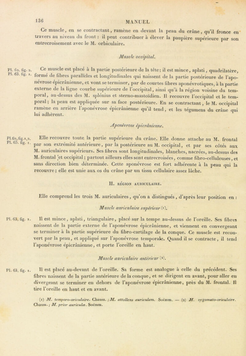 PL 62. fig. PL 63. fig. P1.62,fig.i 2 PL 63. fig. I PL 63, fig. 1 PL 63, fig. 1 Ce muscle, en se contractant, ramène en devant la peau du crâne, qu’il fronce en U'avers au niveau du front : il peut contribuer à élever la paupière supérieure par son entrecroisement avec le M. orbiculaire. Muscle occipital. I. Ce muscle est placé à la partie postérieure de la tête; il est mince, aplati, quadrilatère, formé de fibres parallèles et longitudinales qui naissent de la partie postérieure de l’apo- névrose épicranienne, et vont se terminer, par de courtes fibres aponévrotiques, à la partie externe de la ligne courbe supérieure de l’occipital, ainsi qu’à la région voisine du tem- poral, au-dessus des M. splénius et sterno-mastoïdien. 11 recouvre l’occipital et le tem- poral ; la peau est appliquée sur sa face postérieure. En se contractant, le M. occipital ramène en arrière l’aponévrose épicranienne qu’il tend, et les tégumens du crâne qui lui adhèrent. Aponévrose épicranienne. Elle recouvre toute la partie supérieure du crâne. Elle donne attache au M. frontal • par son extrémité antérieure, par la postérieure au M. occipital, et par ses côtés aux M. auriculaires supérieurs. Ses fibres sont longitudinales, blanches, nacrées, au-dessus des M. frontal et occipital ; partout ailleurs elles sont entrecroisées, comme fibro-celluleuses, et sans direction bien déterminée. Cette aponévrose est fort adhérente à la peau qui la recouvre ; elle est unie aux os du crâne par un tissu cellulaire assez lâche. II. RÉGION AURICULAIRE. Elle comprend les trois M. auriculaires , qu’on a distingués , d’après leur position en : Muscle auriculaire supérieur \A. 11 est mince, aplati, triangulaire, placé sur la tempe au-dessus de l’oreille. Ses fibres naissent de la partie externe de l’aponévrose épicrânienne, et viennent en convergeant se terminer à la partie supérieure du fibro-cartilage de la conque. Ce muscle est recou- vert par la peau, et appliqué sur l’aponévrose temporak. Quand il se contracte, il tend l’aponévrose épicrânienne, et porte l’oreille en haut. Muscle auriculaire antérieur (^). . Il est placé au-devant de l’oreille. Sa forme est analogue à celle du précédent. Ses fibres naissent de la partie antérieure de la conque, et se dirigent en avant, pour aller en divergeant se terminer en dehors de l’aponévrose épicrânienne, près du M. frontal. Il tire l’oreille en haut et en avant. (i) M. ternporo-oriculaire, Chauss. ; M. attollens auriculam. Soé'mm. — (2) Jtf. zygoniato-oriculcxcre. Chauss. ; 31. prior auriculœ. Soé’mm.