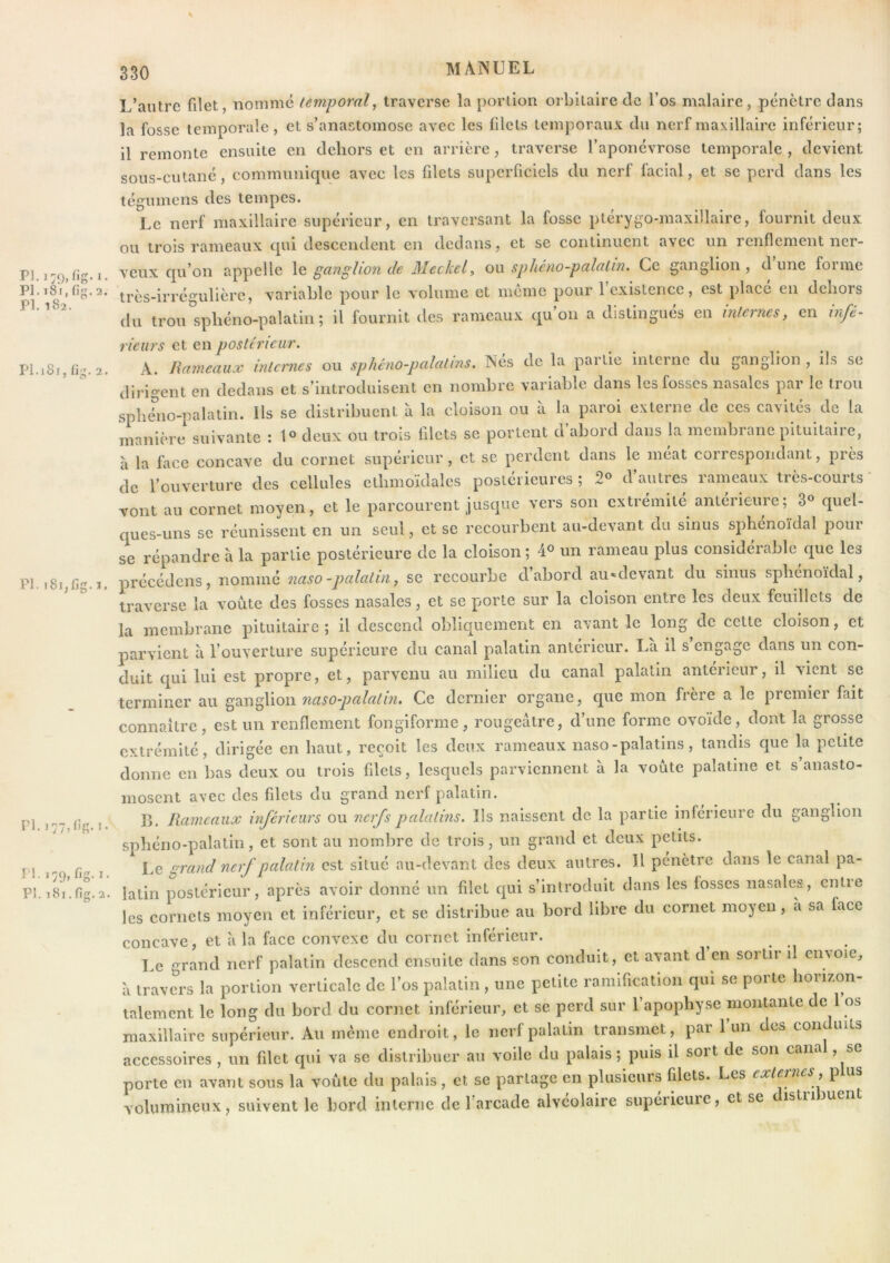 V PJ. I79,fig. I PI. i8r, fi. 2 PI. t82. Pi. l8l, fi. 2 PI. i8i,fig.i PI. i77,fifi. 1 PI. 179, fig. I PI. 181. fig. 2 330 MAiNUEL L’autre filet nommé temporal, traverse la portion orbitaire de l’os malaire, pénètre dans la fosse temporale, et s’anastomose avec les filets temporaux du nerf maxillaire inférieur; il remonte ensuite en dehors et en arrière, traverse l’aponévrose temporale , devient sous-cutané, communique avec les filets superficiels du nerf facial, et se perd dans les téguinens des tempes. Le nerf maxillaire supérieur, en traversant la fosse ptérygo-maxillaire, fournit deux ou trois rameaux qui descendent en dedans, et se continuent avec un renflement ner- veux qu’on appelle \o. ganglion de Meckel, ou sphcno-palalin. Ce ganglion, dune forme très-irrégulière, variable pour le volume et meme pour 1 existence, est place en dehors du trou^phéno-palatin; il fournit des rameaux qu’on a distingués en mternes, en infé- rieurs et Q.W posttrieiir. A. Rameaux internes ou sphéno-palatins. Nés de la partie interne du ganglion , ils se diri«-ent en dedans et s’introduisent en nombre variable dans les fosses nasales par le trou sphehio-palatin. Ils se distribuent à la cloison ou a la paroi externe de ces cavités de la manière suivante : 1® deux ou trois tilets se portent d’abord dans la membrane pituitaire, à la face concave du cornet supérieur, et se perdent dans le méat correspondant, près de l’ouverture des cellules ethmoïdales postérieures; 2® d’autres rameaux très-courts vont au cornet moyen, et le parcourent jusque vers son extrémité antérieure; 3° quel- ques-uns se réunissent en un seul, et se recourbent au-devant du sinus sphénoïdal pour se répandre à la partie postérieure de la cloison ; 4° un rameau plus considérable que les précédens, nommé naso -palatin, se recourbe d abord au«devant du sinus sphénoïdal, traverse la voûte des fosses nasales, et se porte sur la cloison entre les deux feuillets de la membrane pituitaire; il descend obliquement en avant le long de cette cloison, et parvient a l’ouverture supérieure du canal palatin antérieur. Là il s engage dans un con- duit qui lui est propre, et, parvenu au milieu du canal palatin anterieur, il vient se terminer au ^7s.u^\ow nciso-palatin. Ce dernier organe, que mon freie a le piemici fait connaître, est un renflement fongiforme, rougeâtre, d’une forme ovoïde, dont la grosse extrémité, dirigée en haut, reçoit les deux rameaux naso-palatins, tandis que la petite donne en bas deux ou trois filets, lesquels parviennent à la voûte palatine et s anasto- mosent avec des filets du grand nerf palatin. B. Rameaux inférieurs ou nerfs palatins. Ils naissent de la partie inferieure du ganglion sphéno-palatiii, et sont au nombre de trois, un grand et deux petits. Le grand nerf palatin est situé au-devant des deux autres, H pénètre dans le canal pa- latin postérieur, après avoir donné un filet qui s’introduit dans les fosses nasales, cnlie les cornets moyen et inférieur, et se distribue au bord libre du cornet moyeu, à sa face concave, et à la face convexe du cornet inférieur. Le grand nerf palatin descend ensuite dans son conduit, et avant d’en sortir il envoie, à travers la portion verticale de l’os palatin , une petite ramification qui se porte horiz.on- talemcnt le long du bord du cornet inférieur, et se perd sur l’apophyse montante de 1 os maxillaire supérieur. Au même endroit, le nerf palatin transmet, par l’un des conduits accessoires , un filet qui va se distribuer au voile du palais; puis il soit de son can , porte en avant sous la voûte du palais, et se partage en plusieurs filets. Les exteines, p volumineux, suivent le bord interne de 1 arcade alvéolaire superieuie, et se istimuei