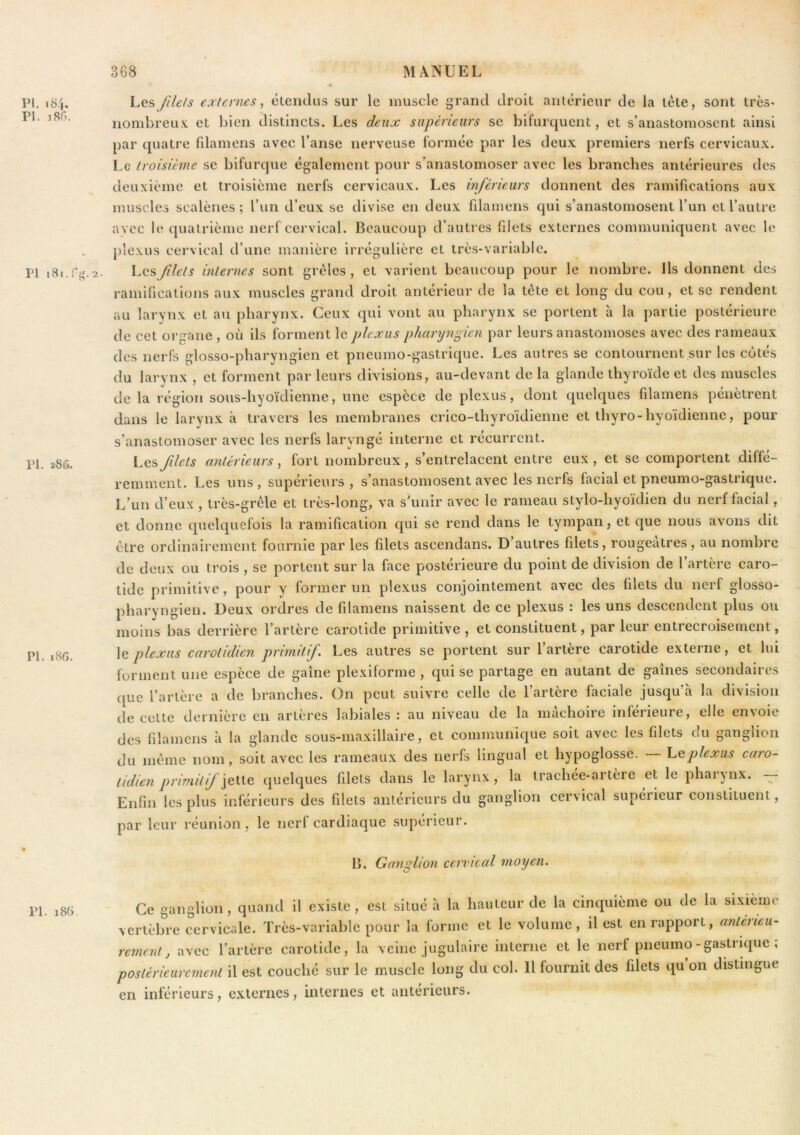 PI. .84, PI. 185. PI PI. ï86. PI. i8G. Les filets externes, élendus sur le muscle grand droit antérieur de la tète, sont très* nombreu.v et bien distincts. Les deux supérieurs se bifurquent, et s’anastomosent ainsi par quatre fdamens avec l’anse nerveuse formée par les deux premiers nerfs cervicaux. Le troisième se bifurque également pour s’anastomoser avec les branches antérieures des deuxième et troisième nerfs cervicaux. Les inférieurs donnent des ramifications aux muscles scalènes ; l’un d’eux se divise en deux fdamens qui s’anastomosent l’un et l’autre avec le quatrième nerf cervical. Beaucoup d’auti es filets externes communiquent avec le plexus cervical d’une mainère irrégulière et très-variable. Les flets internes sont grêles , et varient beaucoup pour le nombre. Ils donnent des ramifications aux muscles grand droit antérieur de la tête et long du cou, et se rendent au larynx et au pharynx. Ceux qui vont au pharynx se portent à la partie postérieure de cet oi’gane , où ils forment le plexus pharyngien par leurs anastomoses avec des rameaux des nerfs glosso-pharyngien et pneumo-gastrique. Les autres se contournent sur les côtés du larynx , et forment par leurs divisions, au-devant de la glande thyroïde et des muscles de la région sous-hyoïdienne, une espèce de plexus, dont quelques fdamens pénètrent dans le larynx à travers les membranes crico-thyroïdienne et thyro-hyoïdienne, pour s’anastomoser avec les nerfs laryngé interne et récurrent. Les filets antérieurs, fort nombreux, s’entrelacent entre eux, et se comportent diffé- remment. Les uns, supérieurs, s’anastomosent avec les nerfs facial et pneumo-gastrique. L’un d’eux , très-grêle et très-long, va shmir avec le rameau stylo-hyoïdien du nerf facial, et donne quelquefois la ramification qui se rend dans le tympan, et que nous avons dit être ordinairement fournie par les filets ascendans. D’autres filets, rougeâtres, au nombre de deux ou trois , se portent sur la face postérieure du point de division de l’artère caro- tide primitive, pour y former un plexus conjointement avec des filets du nerf glosso- pharyngien. Deux ordres de filamens naissent de ce plexus : les uns descendent plus ou moins bas derrière l’artère carotide primitive, et constituent, par leur entrecroisement, \g plexus carotidien primitif. Les autres se portent sur l’artère carotide externe, et lui forment une espèce de gaine plexiforme , qui se partage eu autant de gaines secondaires que l’artère a de branches. On peut suivre celle de l’artère faciale jusqu’à la division de cette dernière en artères labiales : au niveau de la mâchoire inférieure, elle envoie des filamens à la glande sous-maxillaire, et communique soit avec les filets du ganglion du même nom, soit avec les rameaux des nerfs lingual et hypoglosse. plexus caro- tidien primitif quelques filets dans le larynx, la trachée-artère et le pharynx. Enfin les plus inférieurs des filets antérieurs du ganglion cervical supérieur constituent, par leur réunion , le nerf cardiaque supérieur. B. Ganglion cervical moyen. Ce ganglion, quand il existe , est situé à la hauteur de la cinquième ou de la si.xièmc vertèbre cervicale. Très-variable pour la forme et le volume, il est en rapport, antérieu- rement, avec l’artère carotide, la veine jugulaire interne et le nerf pneumo-gastrique, postérieurement il est couché sur le muscle long du col. Il fournit des filets qu on distingue en inférieurs, externes, internes et antérieurs.