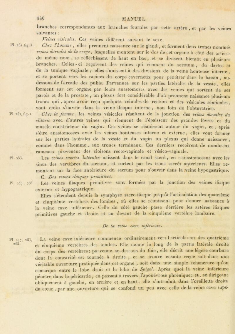 branches correspondantes aux branches fournies par cette artère , et par les veines suivantes : Veines vésicales. Ces veines diffèrent suivant le sexe. ri.25i,fig.3. Chez l'homme , elles prennent naissance sur le gland , et forment deux troncs nommés veines dorsales de la verge ^ lesquelles montent sur le dos de cet organe a coté des artères du mémo nom , se réfléchissent de haut en bas , et se divisent bientôt en plusieurs branches. Celles-ci reçoivent des veines qui viennent du scrotum, du darlos et de la tunique vaginale ; elles s’unissent à des divisions de la veine honteuse interne , et se portent vers les racines du corps caverneux pour pénétrer dans le bassin , au- dessous de l’arcade des pubis. Parvenues sur les parties latérales de la vessie , elles forment sur cet organe par leurs anastomoses avec des veines qui sortent de ses parois et de la prostate , un plexus fort considérable d’où prennent naissance plusieurs troncs qui , après avoir reçu quelques veinules du rectum et des vésicules séminales, vont enfin s’ouvrir dans la veine iliaque interne , non loin de l’obtiiratricc. PI. 25a, fig. 1. Chez la femme les veines vésicales résultent de la jonction des veines dorsales du clitoris avec d’autres veines qui viennent de l’épaisseur des grandes lèvres et du muscle constricteur du vagin. Ces veines se réunissent autour du vagin, et , après s’étre anastomosées avec les veines honteuses interne et externe, elles vont former sur les parties latérales de la vessie et du vagin un plexus qui donne naissance, comme dans l’homme , aux troncs terminaux. Ces derniers reçoivent de nombreux rameaux provenant des cloisons recto-vaginale et vésico-vaginale. PI. 263. Les veines sacrées latérales naissent dans le canal sacré , en s’anastomosant avec les sinus des vertèbres du sacrum, et sortent par les trous sacrés antérieurs. Elles re- montent sur la face antérieure du sacrum pour s’ouvrir dans la A^eine hypogastrique. C. Des veines iliaques primitives. PI. 2-Lj 263 Les veines iliaques primitives sont formées par la jonction des veines iliaque externe et hypogastrique. Elles s’étendent depuis la symphyse sacro-iliaque jusqu’à l’articulation des quatrième et cinquième vertèbres des lombes , où elles se réunissent pour donner naissance à la veine cave inférieure. Celle du côté gauche passe derrière les artères iliaques primitives gauche et droite et au devant de la cinquième vertèbre lombaire. De la veine cave inférieure. PI. 247 , 253, 2G3. La veine cave inférieure commence ordinairement vers l’articulation des quatrième et cinquième vertèbres des lombes. Elle monte le long de la partie latérale droite du corps des vertèbres; parvenue au-dessous du foie, elle décrit une légère courbure dont la concavité est tournée à droite , et se trouve ensuite reçue soit dans une véritable ouverture pratiquée dans cet organe , soit dans une simple échancrure qu’on remarque entre le lobe droit et le lobe de Spigel. Après quoi la veine inférieure pénètre dans le péricarde, en passant à travers l’aponévrose phrénique; et, se dirigeant obliquement à gauche, en arrière et en haut, elle s’introduit dans l’oreillette droite du cœur, par une ouverture qui se confond un peu avec celle de la veine cave supe-