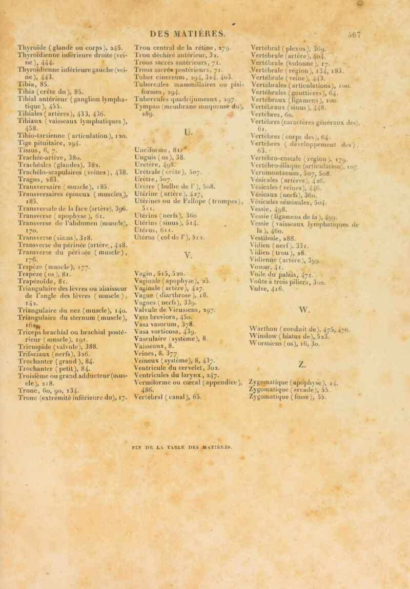 Q Thyroïde (glandé ou corps), a/|5. Thyroïdienne inférieure droite (vei- ne), 444- Thyroïdienne inférieure gauche (vei- ne), 443. Tibia, 85. Tibia (crête du ), 85. Tibial antérieur (ganglion lympha- tique), 455. Tibiales ( artères), 433, 4 >6. Tibiaux (vaisseaux lymphatiques), 458. Tibio-tarsienne (articulation), 120. Tige pituitaire, 294. Tissus, 6, 7. Trachée-artère, 38o. Trachéales (glandes), 38a. Trachélo-scapulaires (veines), 4^8. Tragus, a83. Transversaire (muscle), i85. Transversaires épineux ( muscles ), i85. Transversale de la face (artère), 3g€. Transverse (apophyse), 61. Transverse de l’abdomen (muscle), 170. Transverse (sinus), 3i8. Transverse du périnée (artère^, 4'^8. Transverse du périnée (muscle), 176. Trapèze (muscle), 177. Trapèze (os), 81. Trapézoïde, 8r. Ti iangulaire des lèvres ou abaisseur de l’angle des lèvres ( muscle ), 142. Triangulaire du nez (muscle), i4o. Triangulaire du sternum (muscle). Triceps braehial ou brachial posté- rieur ( muscle), 19T. Tricuspide (valvule), 388. Trifaciaux (nerfs), 326. Trochanter (grand ), 84- Trochanter ( petit), 84- Troisième ou grand adducteur (mus- cle), 218. Tronc, 60, 90, i34- Tronc (extrémité inférieure du), 17. DES MATIÈRES. Trou central de la rétine, 27g. Trou déchiré antérieur, 82. Trous sacrés antérieurs, 71. Trous sacré» postérieui's, 71. Tuber cinereum, 294, 824, 4o3. Tubercules mammillaires ou pisi- formes, 294. Tubercules quadrijumeaux , 297. Tympan (membrane muqueuse du), 289. U. Unciforme, 8ff*’ Unguis ( os), 38. Uretère, 498. Urélrale (crête), 5oy. Urètre, Soy. Urètre (bulbe de 1’), 5o8. Utérine (artère), 427., Utérines ou de Fallope (trompes), 511. Utérins (nerfs), 36o Utérins (sinus), 514. Utérus, 611. Utérus ( col de 1’ ), 51 2. V. Vagin, 5i5, 520. Vaginale (apophyse), 25. Vaginale (artère), 427. Vague ( diarthrose ), i8. Vagues ( nerfs), 33g. Valvule de Vieussens, 297. Vasa breviora, 45o. Vasa vasorum, 878. Vasa vorlicosa, 489. Vasculaire (système), 8. Vaisseaux, 8. Veines, 8, 877 Veineux (système), 8, 487. Ventricule du cervelet, 802. Ventricules du larynx , 247. Vermilorme ou ccecal (appendice), 486. Vertébral (canal), 65. ÔOT Vertébral ( plexus), 36g. Vertébrale (artère), 4o4- Vertébrale (colonne), 17. .Vertébrale ( région), i34, i83. Vertébrale ( veine), 443. Vertébrales (articulations), 100. Vertébrales (gouttières), 64. Vertébraux (ligamens), 100. Vertébraux (sinus), 448. ' Vertèbres, 60. Vertèbres (caractères généraux des), 61. Vertèbres (corps des), 64. Vertèbres ( développement des ) , 63. ' Vertébro-costale (région), 179. Vertébro-ilîaque (articulation), to7- Verumontanum, 507, 5o8. Vésicales (artères), 426. Vésicales ( veines), 446. Vésicaux (nerfs), 36o. Vésicules séminales, 5o4- Vessie, 498. Vessie (ligamens de la ), 499. Vessie ( vaisseaux lymphati(jues de la ), 460. Vestibule, 288. Vidien ( nerf), 331. Vidien ( trou ), 28. Vidienne (artère), Sgg. Voilier, 4f. Voile du palais, 471. Voûte à trois piliers, 3oo. Vulve, 416. w. Warthon (conduit de), 476, 476. Winslow (hiatus de),,528. Wormiens (os), 16, 3o. Z. Zygomatique (apophyse), 24. Zygomatique (arcade), 55. Zygomatique ( fosse ), 55. FIA' DK L\. TABCE DES MATIÈRES.