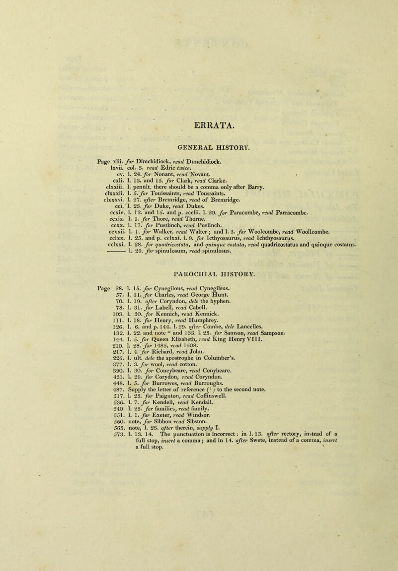 ERRATA. GENERAL HISTORY. Page xlii. for Dimchidiock, read Dunchidiock. lxvii. col. 3. read Edric twice. cv. 1. 24. for Nonant, read Novant. • cxli. 1. 13. and 15. for Clark, read Clarke, clxxiii. 1. penult, there should be a comma only after Barry, clxxxii. 1. 5. for Touissaints, read Toussaints. clxxxvi. 1. 27. after Bremridge, read of Bremridge. cci. 1. 23. for Duke, read Dukes. ccxiv. 1. 12. and 15. and p. ccclii. 1. 20. for Paracombe, read Parracombe. ccxix. 1. 1. for Thore, read Thorne, ccxx. 1. 17. for Pustlinch, read Puslinch. ccxxii. 1. 1. for Walker, read Walter ; and 1. 3. for Woolcombe, read Woollcombe. cclxx. 1. 25. and p. cclxxi. 1. 9. for Icthyosaurus, read Ichthyosaurus. cclxxi. 1. 28. for quadricostala, and quinque costata, read quadricostatus and quinque costatus. 1. 29. for spinulosum, read spinulosus. PAROCHIAL HISTORY. Page 28. 1. 15. for Cynegilous, read Cynegilsus. 57. 1. 11. for Charles, read George Hunt. 70. 1. 19. after Coryndon, dele the hyphen. 78. 1. 31. for Labell, read Cabell. 103. 1. 30. for Kennich, read Kennick. 111. 1. 18. for Henry, read Humphrey. 126. 1. 6. and p. 144. 1. 29. after Combe, dele Lancelles. 132. 1. 22. and note ° and 133. 1. 25. for Samson, read Sampson. 144. 1. 5. for Queen Elizabeth, read King Henry VIII. 210. 1. 28. for 1485, read 1508. 217. 1. 4. for Richard, read John. 226. 1. ult. dele the apostrophe in Columber’s. 377. 1. 3.for wool, read cotton. 390. 1. 30. for Coneybeare, read Conybeare. 431. 1. 29. for Corydon, read Coryndon. 448. 1. 5. for Burrowes, read Burroughs. 487. Supply the letter of reference (1 j to the second note. 517. 1. 25. for Paignton, read Coffinswell. 536. 1. 7. for Kendell, read Kendall. 540. 1. 25. for families, read family. 551. 1. 1. for Exeter, read Windsor. 560. note, for Sibbon read Sibston. 565. note, 1. 23. after therein, supply I. 573. 1. 13. 14. The punctuation is incorrect: in 1.13. after rectory, instead of a full stop, insert a comma; and in 14. after Swete, instead of a comma, insert a full stop.