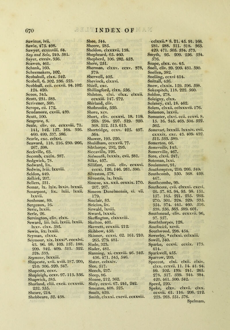 Sawinus, lvii. Sawle, 475. 498. Sawyer, ccxxxviii. 84. Say and Sele, 249. 581. Sayer, cxxxiv. 356. Scawen, 461. Schank, 160. Scheemakers, 102. Scobahull, clxx. 542. Scobell, 6. 302. 336. 553. Scobhull, ccii. ccxvii. 94. 102. 124. 420. Scoos, 345. Scott, 231. 583. Scrivener, 560. Scrope, cii. 172. Scudamore, cxviii. 439. Scutt, 100. Seagrave, 8. Seale, cliv. cc. ccxxviii. 71. 141, 142. 157. 164. 356. 460. 499. 537. 586. Searle, cxc. cclxvi. Seaward, 118. 216. 230. 266, 267. 598. Seckville, 63. Secomb, cxcix. 387. Sedgwick, 78. Sedward, lix. Sedwin, lviii. lxxviii. Seldon, 449. Selkirk, 207. Sellers, 531. Semar, lx. lxix. lxxiv. Ixxxii. Senarpont, lix. lxiii. lxxii. lxxvii. Senhouse, 89. Sergeaux, 16. Seric, lxxiii. Serle, 26. Servington, cliv. clxx. Seward, liii. lxii. lxviii. lxxiii. lxxv. clxx. 595. Sewin, lix. lxxiii. Seyman, clxxx. Seymour, xix. lxxxi*. cccxlvi. 43. 96. 98. 103. 157. 188. 209. 342. 409. 511. 522.. 524. 533. Seymour, lxxxiii. Shapcote, xvii. xviii. 187. 209, 210. 306. 320. 347. Shapcott, ccxv. Shapleigh, ccxv. 97. 113. 356. Shapwick, 585. Sharland, cliii. cxcii. ccxxviii. 252. 355. Sheare, 214. Shebbeare, 52. 438. Shee, 544. Sheere, 285. Sheldon, clxxxvii. 138. Shepheard, 65. 460. Shepherd, 106. 282. 453. Shere, 251. Sherman, clxxv. ccxv. 378, 379. Sherwell, 405. Sheviock, clxxvi. Shiell, cxc. Shillingford, clxx. 556. Shilston, clxi. clxx. clxxii. ccxxiii. 147. 272. Shirland, cliv. Shobrooke, 350. Shore, xcv. Short, cliv. ccxxvi. 18. 119. 269. 294. 297. 319. 320. 368. 512. 513.613. Shortridge, ccxv. 425. 497. 564. Shower, 193. 220. Shuldham, ccxxvii. 77. Sibthorpe, 292, 293. Siccaville, 126. Sidmouth, lxxxix. cvii. 381. Silke, 437. Sillifant, eviii. cliv. ccxxvi. cccxi. 126. 146. 261. 590. Silveston, 578. Silvestris, lx. lxxii. Simcoe, xx. xxii. cexxix. 170. 207. 267. Simeon Dunelmensis, vi. vii. 179. Sinclair, 83. Siricius, liv. Sirwald, lxviii. Si ward, Ixxxii. Skeffington, clxxxviii. Skelton, 401. Skerrett, ccxxiii. 212. Skibbow, 450. Skinner, ccxvi. 62. 161. 210. 265. 279. 481. Slade, 323. Slader, 481. Slanning, xi. cxxviii. 46. 342. 436. 471. 545, 546. Slater, cclxxiv. Slee, 517. Sleech, 237. Sleep, 86. Sloane, 212. 362. Sloly, ccxvi. 67. 241, 242. Smeaton, 408. 525. Smelt, 459. Smith, clxxxi. cxcvii. ccxxviii. cdxxii.* 8.21. 45. 91. 166. 281. 288. 311. 318. 365. 429. 471. 505. 534. 573. Smyth, 95. 209. 256. 534. 576. Snape, clxx. cc. 45. Snell, cliv. 39. 209. 431. 590. Snellen, 382. Snelling, ccxvi 414. Snittall, 456. Snow, clxxix. 159. 596. 598. Sokespitch, 118. 222. 560. Soldon, 278. Soleigny, clxx. Soleney, cxl. 18. 462. Solers, clxxii. cclxxxvii. 176. Solomon, lxxvii. Somaster, clxvi. ccii. ccxvi. 8. 15. 16. 345. 463. 504. 522. 562. Somerset, lxxxiii. lxxxiv. cvii. cxxxix. cxc. 43. 409. 432. 511. 533. 589. Somerton, 66. Somerville, 143. Somerville, 467. Sore, clxvi. 247. Soteman, lxxi. Soulemont, 91. Southampton, 210. 266. 549. Southcomb, 350. 368. 439. 467. Southcombe, 99. Southcote, cvii. clxxxi. cxcvi. 26. 57. 85. 94, 95. 98. 151. 157. 165. 221. 235. 262. 270. 301. 324. 329. 335. 354. 374. 441. 460. 516. 538. 556. 563. 589. 601. Southmead, cliv. ccxxvii, 96, 97. 357. Souththorpes, 128. Southiuiclc, xcvii. Southwood, 298. 454. Sowerby, #cclxxi. cclxxiii. Sovvill, 540. Sparke, ccxvi. ccxix. 173. 414. Sparkwell, 455. Sparrow, 203. Speccot, clxi. clxii. clxiv. clxx. ccxvii. 11. 14. 41. 94. 99. 102. 139. 241. 261. 278. 317. 339. 344- 384. 420. 461. 500. 542. Speed, 220. Speke, clxv. clxvii. clxx. ccxvii. 61. 116. 208. 212. 223. 263. 551. 576. Spelmam,