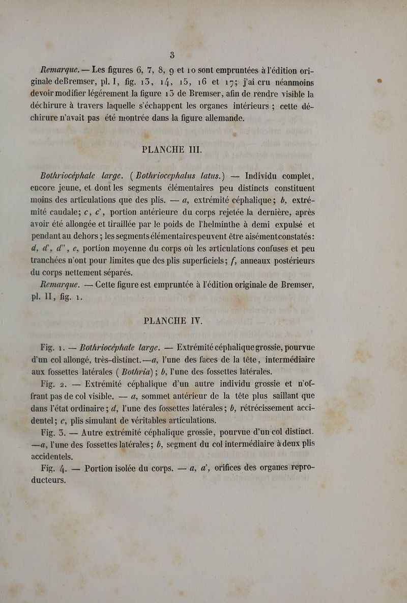 Remarque.— Les figures 6, 7, 8, 9 et 10 sont empruntées à l'édition ori- ginale deBremser, pl. I, fig. 13, 14, 15, 16 et 173 j'ai cru néanmoins devoir modifier légérement la figure 13 de Bremser, afin de rendre visible la déchirure à travers laquelle s’échappent les organes intérieurs ; cette dé- chirure n’avait pas été montrée dans la figure allemande. PLANCHE IM. Bothriocéphale large. ( Bothriocephalus latus.) — Individu complet, encore jeune, et dont les segments élémentaires peu distincts constituent moins des articulations que des plis. — a, extrémité cephalique; b, extre- mité caudale; c, c’, portion antérieure du corps rejetée la dernière, après avoir été allongée et tiraillée par le poids de l'helminthe à demi expulsé et pendant au dehors ; les segments élémentairespeuvent être aisémentconstatés: d, d’, d’, e, portion moyenne du corps où les articulations confuses et peu tranchées n’ont pour limites que des plis superficiels; f, anneaux postérieurs du corps nettement séparés. Remarque. — Cette figure est empruntée à l'édition originale de Bremser, pl. II, fig. à. PLANCHE IV. Fig. 1. — Bothriocéphale large. — Extrémité céphalique grossie, pourvue d’un col allongé, très-distinct. —a, l’une des faces de la tête, intermédiaire aux fossettes latérales ( Bothria) ; b, l'une des fossettes latérales. Fig. 2. — Extrémité céphalique d’un autre individu grossie et n'of- frant pas de col visible. — a, sommet antérieur de la tête plus saillant que dans l’état ordinaire ; d, l’une des fossettes latérales ; b, rétrécissement acci- dentel; c, plis simulant de véritables articulations. Fig. 3. — Autre extrémité céphalique grossie, pourvue d’un col distinct. —4, Yune des fossettes latérales; 6, segment du col intermédiaire à deux plis accidentels. | Fig. 4. — Portion isolée du corps. — a, a’, orifices des organes repro- ducteurs.