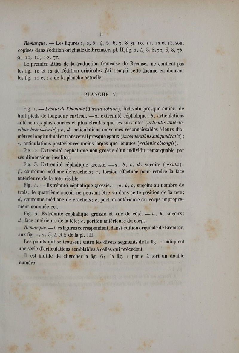 Remarque. — Les figures 1, 2, 3, 4, 5, 6, 7, 8, 9, 10, 11, 12 et 15, sont copiées dans l'édition originale de Bremser, pl. Il,fig. 2, 4, 5, 5,7«, 6, 8, 7b. D0312.12,105 76: Le premier Atlas de la traduction française de Bremser ne contient pas les fig. 10 et 12 de l’edition originale; j'ai rempli cette lacune en donnant les fig. 11 et 12 de la planche actuelle. PLANCHE V. Fig. 1.—Tænia de l'homme (Tania solium). Individu presque entier, de huit pieds de longueur environ. —a, extrémité cephalique; b, articulations antérieures plus courtes et plus étroites que les suivantes (articulis anterio- ribus brevissimis) ; c, d, articulations moyennes reconnaissables à leurs dia- mètres longitudinal ettransversal presque égaux (insequentibus subquadratis) ; e, articulations postérieures moins larges que longues (reliquis oblongis). Fig. 2. Extrémité céphalique non grossie d’un individu remarquable par ses dimensions insolites. Fig. 5. Extrémité céphalique grossie. — a, b, c, d, sucoirs (oscula); f, couronne médiane de crochets; e, torsion effectuée pour rendre la face antérieure de la tête visible. Fig. 4. — Extremite céphalique grossie. — a, b, c, suçoirs au nombre de trois, le quatrième sucoir ne pouvant être vu dans cette position de la tete; d, couronne médiane de crochets; e, portion antérieure du corps impropre- ment nommée col. Fig. 5. Extrémité céphalique grossie et vue de côté. — a, b, suçoirs; d, face antérieure de la tête; c, portion antérieure du corps. Remargue.— Ces figures correspondent, dansl’edition originale de Bremser, aux fig. 1, 2, 5, 4et 5 de la pl. III. Les points qui se trouvent entre les divers segments de la fig. 1 indiquent une série d’articulations semblables à celles qui précèdent. Il est inutile de chercher la fig. 6; la fig. 1 porte à tort un double numéro.
