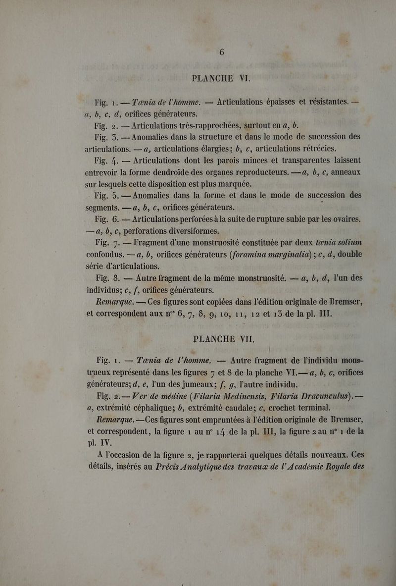 Fig. 1.— Tænia de l'homme. — Articulations épaisses et résistantes. — a, b, c, d, orifices générateurs. Fig. 2. — Articulations très-rapprochées, surtout en a, b. Fig. 5. — Anomalies dans la structure et dans le mode de succession des articulations. — a, articulations élargies ; db, c, articulations retrecies. Fig. 4. — Articulations dont les parois minces et transparentes laissent entrevoir la forme dendroide des organes reproducteurs. —a, b, c, anneaux sur lesquels cette disposition est plus marquée. Fig. 5.— Anomalies dans la forme et dans le mode de succession des segments. — 4, b, c, orifices générateurs. Fig. 6. — Articulations perforées à la suite de rupture subie par les ovaires. — a,b, c, perforations diversiformes. Fig. 7. — Fragment d’une monstruosité constituée par deux tænia solium confondus. — 4, b, orifices générateurs (foramina marginalia) ; c, d, double série d’articulations. Fig. 8. — Autre fragment de la même monstruosité. — a, b, d, l'un des individus; €, f, orifices générateurs. Remarque.— Ces figures sont copiées dans l'édition originale de Bremser, et correspondent aux n° 6, 7, 8, 9, 10, 11, 12 et 13 de la pl. II. PLANCHE VII, Fig. 1. — Tania de l’homme. — Autre fragment de l'individu mons- trueux représenté dans les figures 7 et 8 de la planche VI.—a, b, c, orifices générateurs; d, e, l'un des jumeaux; f, g, l'autre individu. Fig. 2.— Ver de medine (Filaria Medinensis, Filaria Dracunculus).— a, extrémité cephalique; b, extrémité caudale; c, crochet terminal. Remarque.—Ces figures sont empruntées à l'édition originale de Bremser, et correspondent, la figure ı au n° 14 de la pl. III, la figure 2 au n° ı de la pl. IV. A l’occasion de la figure 2, je rapporterai quelques détails nouveaux. Ces détails, insérés au Précis Analytique des travaux de l’Académie Royale des